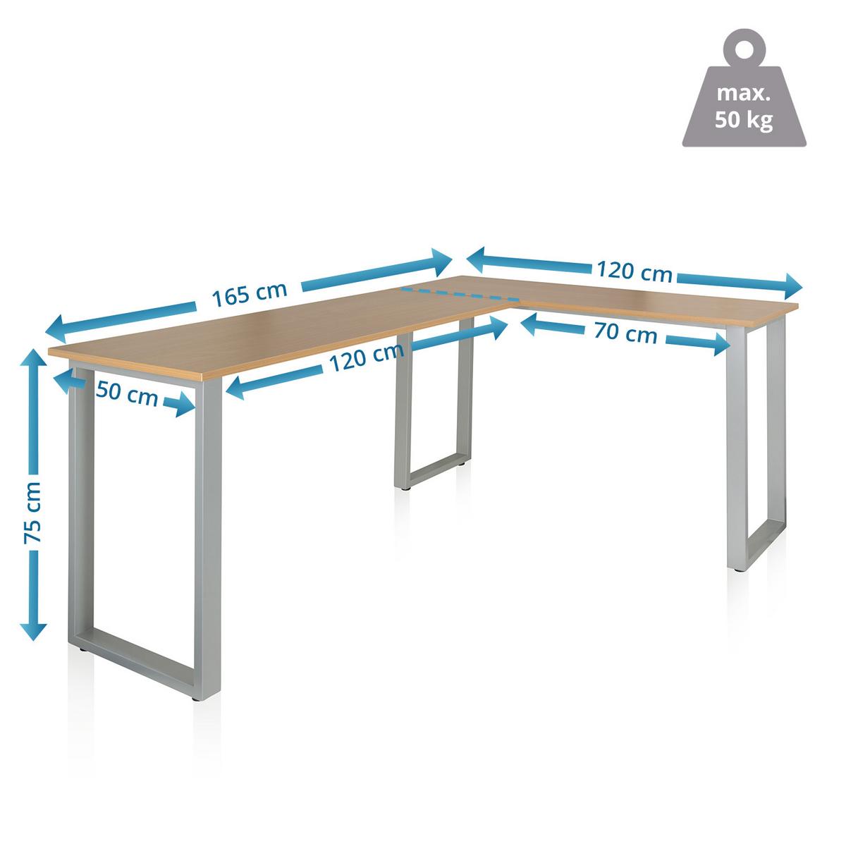 Eckschreibtisch B: 120 cm Workspace Basic - Silberfarben/Buchefarben, Basics, Holzwerkstoff/Metall (165/120/75cm) - MID.YOU