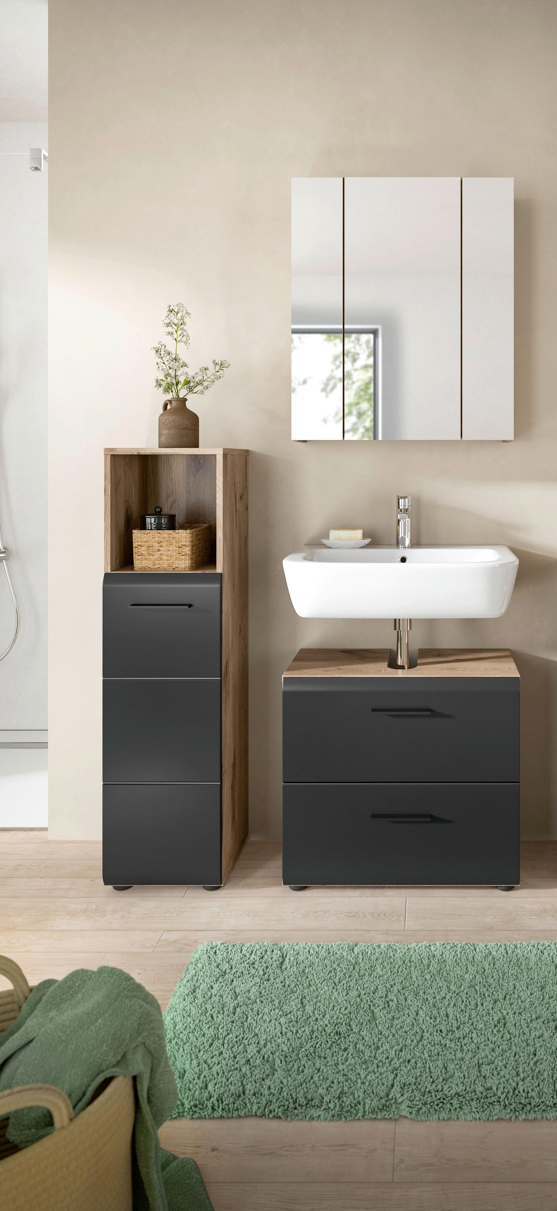 Badezimmer Ice Schwarz/Eiche Dekor B: 90cm - Eiche dunkel/Schwarz, Basics, Holzwerkstoff (90cm) - MID.YOU