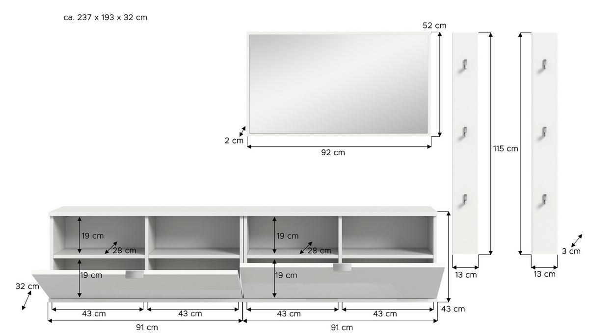 Garderobe Projekt X Weiß B: 237 Cm - Weiß Hochglanz/Weiß, Design, Holzwerkstoff (237/193/32cm) - Livetastic