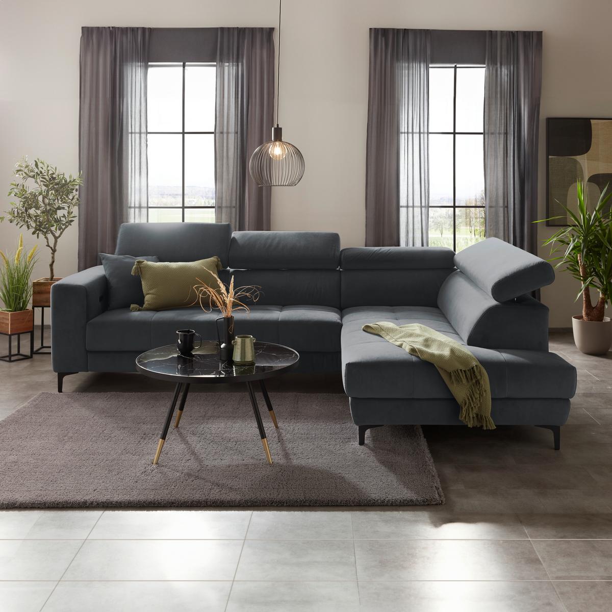 Rohová sedačka EMMA, pravá, modrosivá,op.hl.,USB,el.výsuv - čierna/modrosivá, Modern, textil (301/210cm) - Premium Living