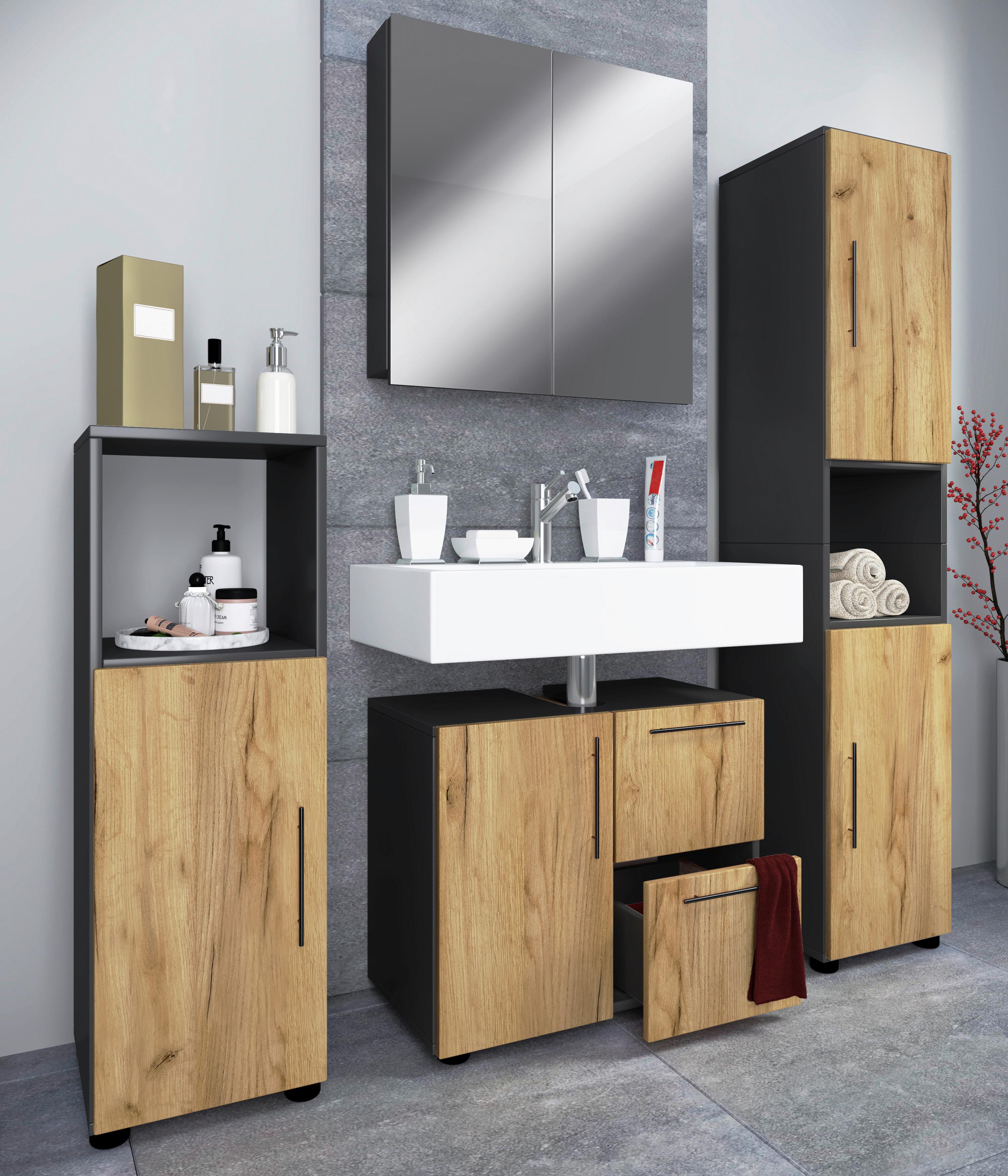 Badmöbel-Set 4-Tlg. Flandu 123 cm Eiche Dekor - Honigeiche/Anthrazit, MODERN, Holzwerkstoff (123cm) - MID.YOU
