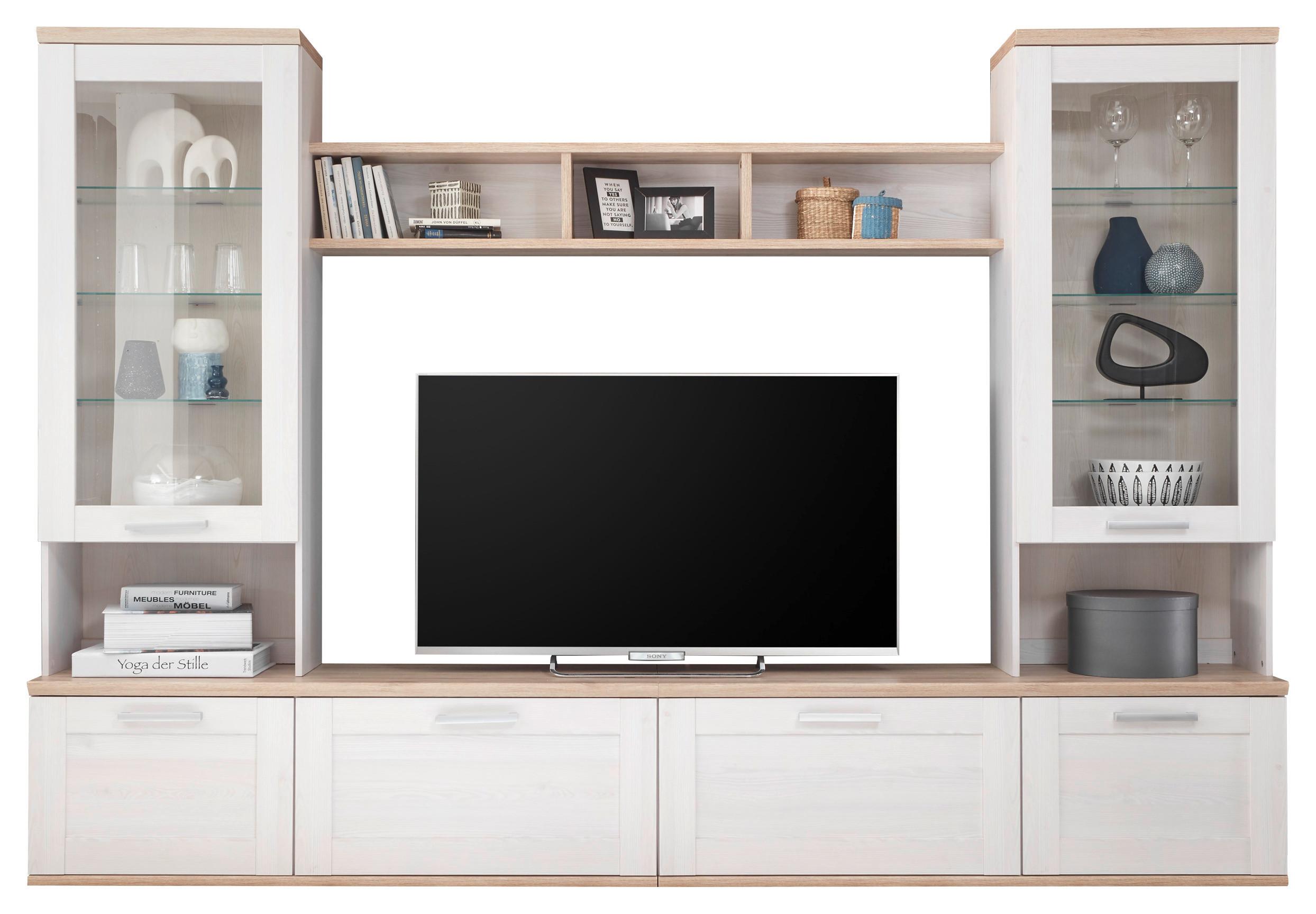 Wohnwand Landhausstil 4-tlg. Romance 2, Weiß/eiche Dekor - Eichefarben/Weiß, Design, Glas/Holzwerkstoff (277/191/35/43cm) - MID.YOU