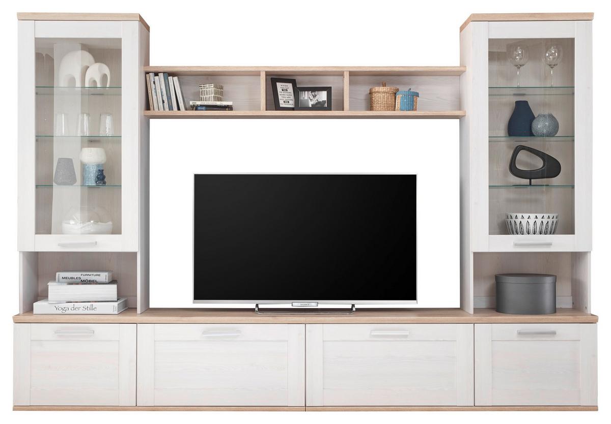 Wohnwand Landhausstil 4-tlg. Romance 2, Weiß/eiche Dekor - Eichefarben/Weiß, Design, Glas/Holzwerkstoff (277/191/35/43cm) - MID.YOU