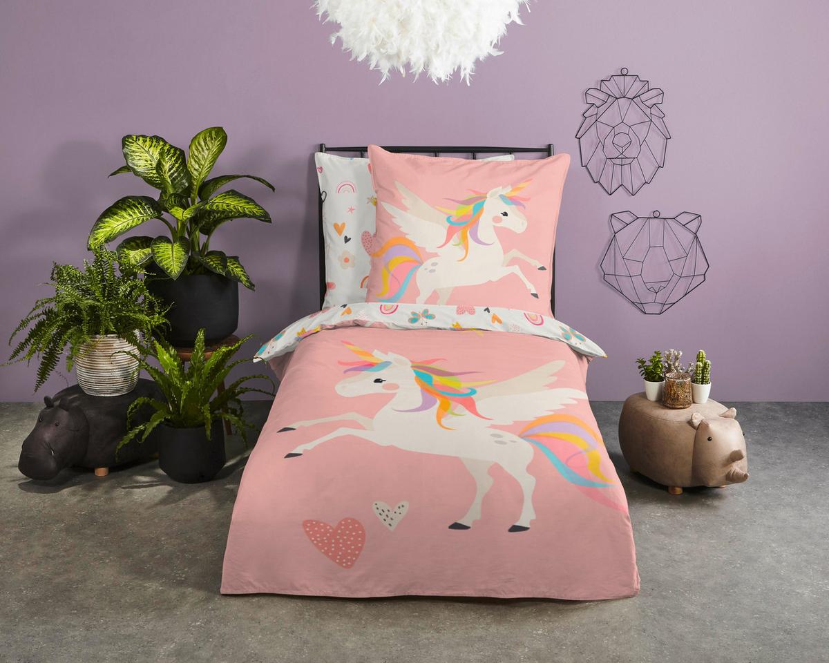 Jugendbettwäsche Unicorn Rosa Rot 135x200 cm - Rot/Rosa, Design, Textil (135/200cm)