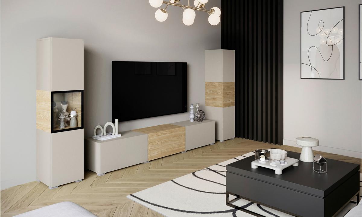 Wohnwand mit LED Berlin III Kaschmir/Eichefarben - Kaschmir/Eichefarben, Design, Glas/Holzwerkstoff (240/130/31cm) - P & B