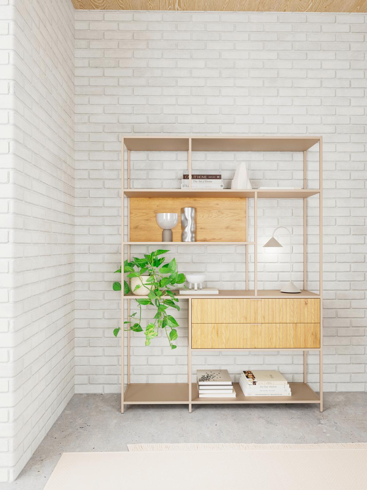 Regál SEAFORD melamín/MDF - divoký dub/sivá, Design, kov/kompozitné drevo (135/185/35cm) - Carryhome