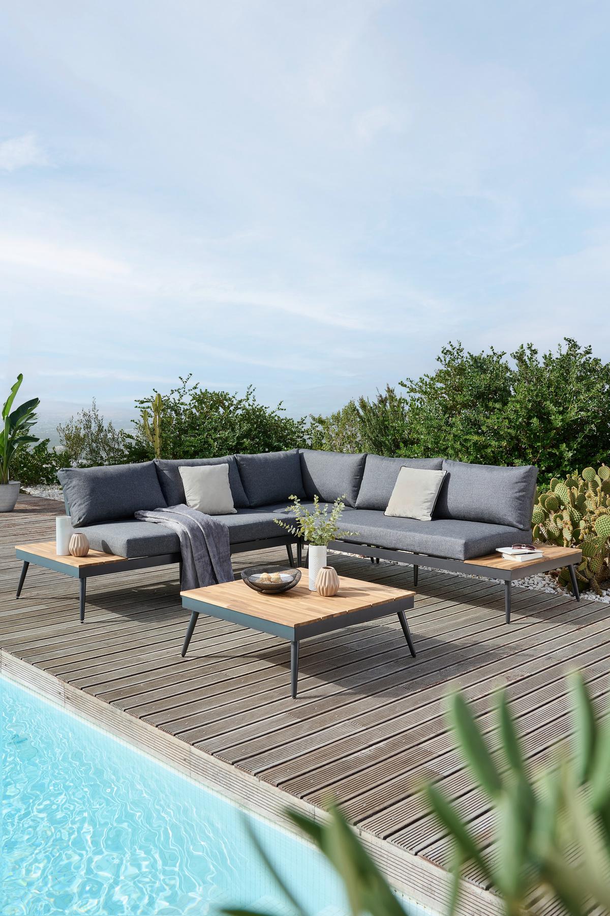 Terasová sedacia súprava MANOCA - farba akácie/sivá, Modern, kov/drevo (247/247cm) - Beldano