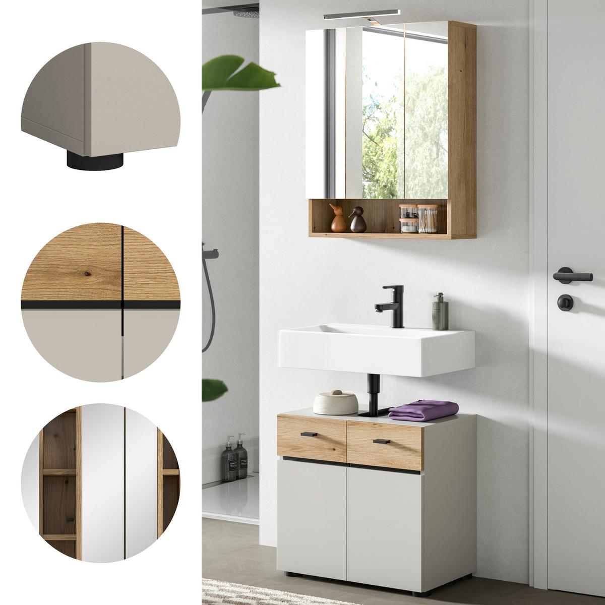 Badezimmer Aqua Kaschmir/Eichefarben B: 60cm - Kaschmir/Eichefarben, Trend, Glas/Holzwerkstoff (60cm) - MID.YOU