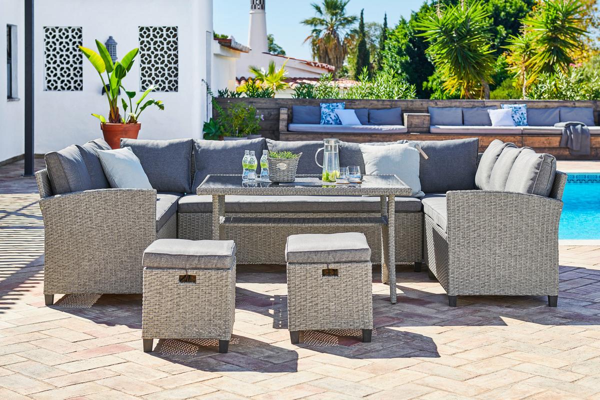 Loungegarnitur 6-Tlg Athena in Rattan-Optik mit Kissen - Schwarz/Grau, MODERN, Glas/Kunststoff - Beldano