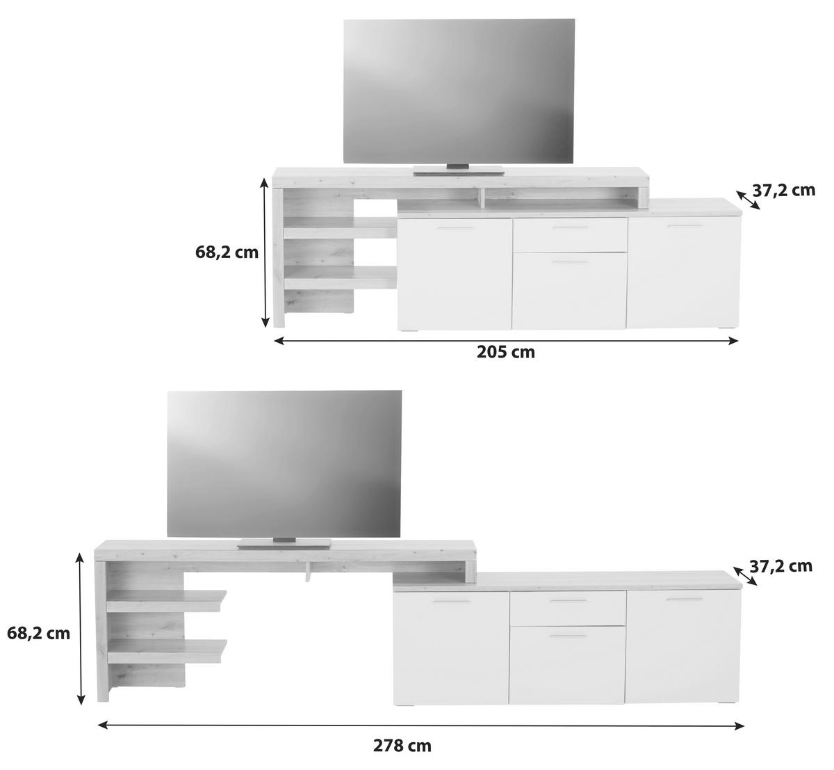 TV-Element Twin B: 205-278,2 cm Hellgrau/Eiche Dekor - Silberfarben/Hellgrau, MODERN, Holzwerkstoff (205-278,2/68,2/37,2cm)