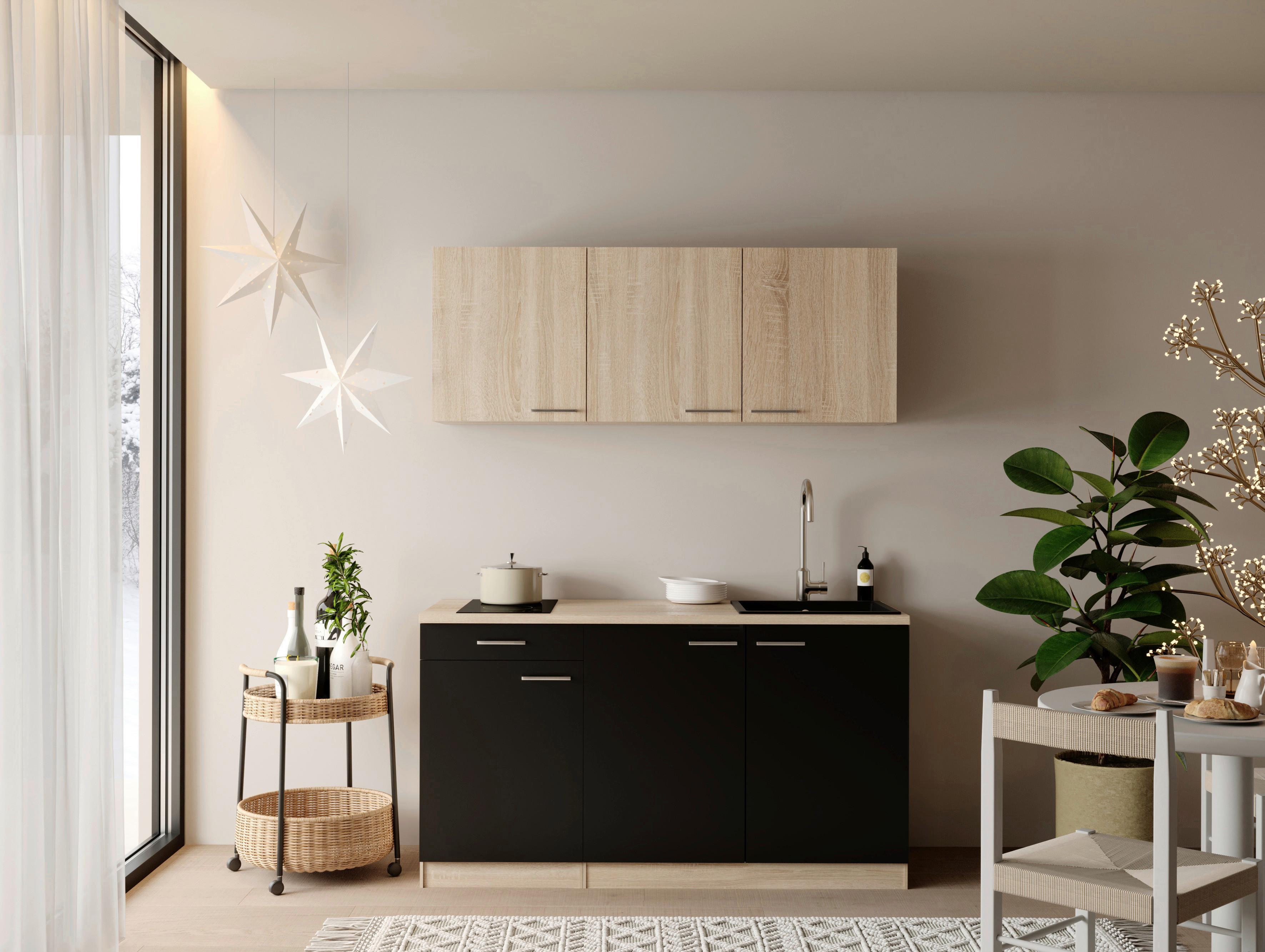 MINIKÜCHE Ingrid, Schwarz B: 150 cm - Eichefarben/Schwarz, Design, Holzwerkstoff (150cm) - Respekta