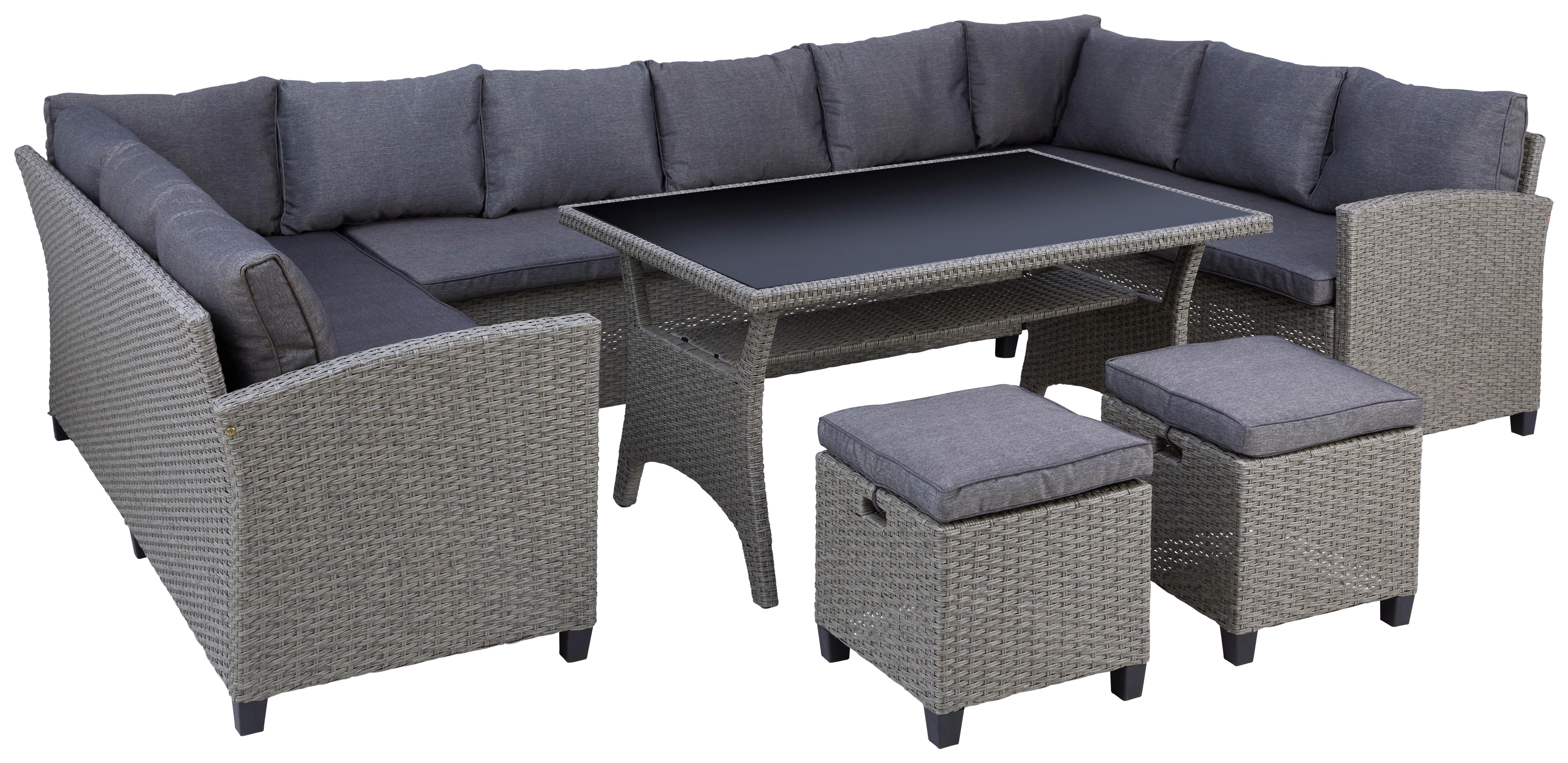 Loungegarnitur 6-Tlg Athena in Rattan-Optik mit Kissen - Schwarz/Grau, MODERN, Glas/Kunststoff - Beldano