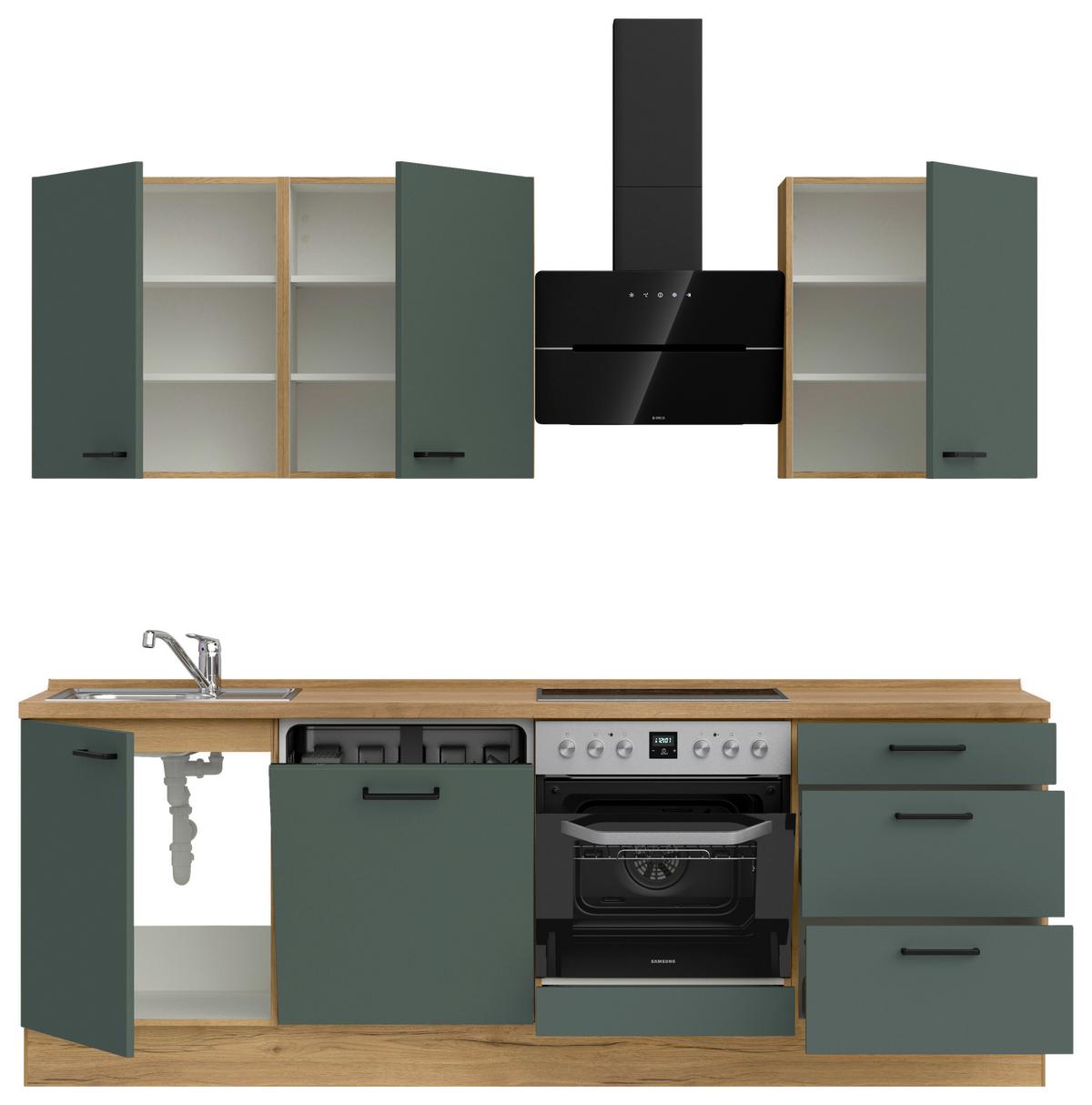 Kuchyňská linka 240 cm, minerální zelená,ultra matná - barvy dubu/černá, Moderní, kov/kompozitní dřevo (240cm) - Nobilia