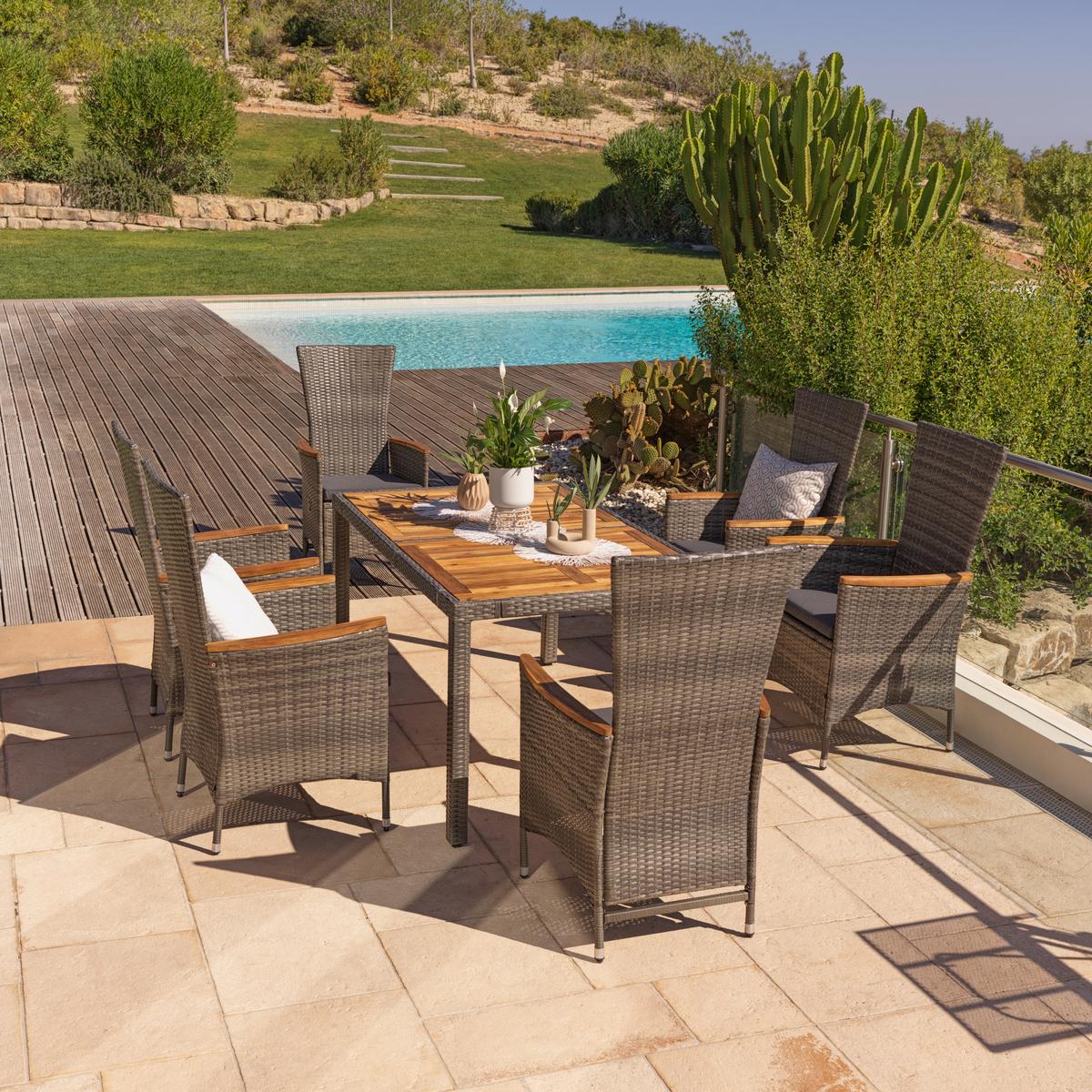 Gartengarnitur Korfu 7-teilig Aus Poly-Rattan Mit Kissen - Grau, MODERN, Holz/Kunststoff (150/90/75cm) - Luca Bessoni