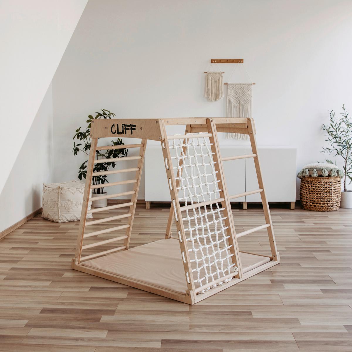 Premium Klettergerüst mit Sicherheitsmatte - Weiß, Basics, Holz (113/115/110cm) - CLIFF
