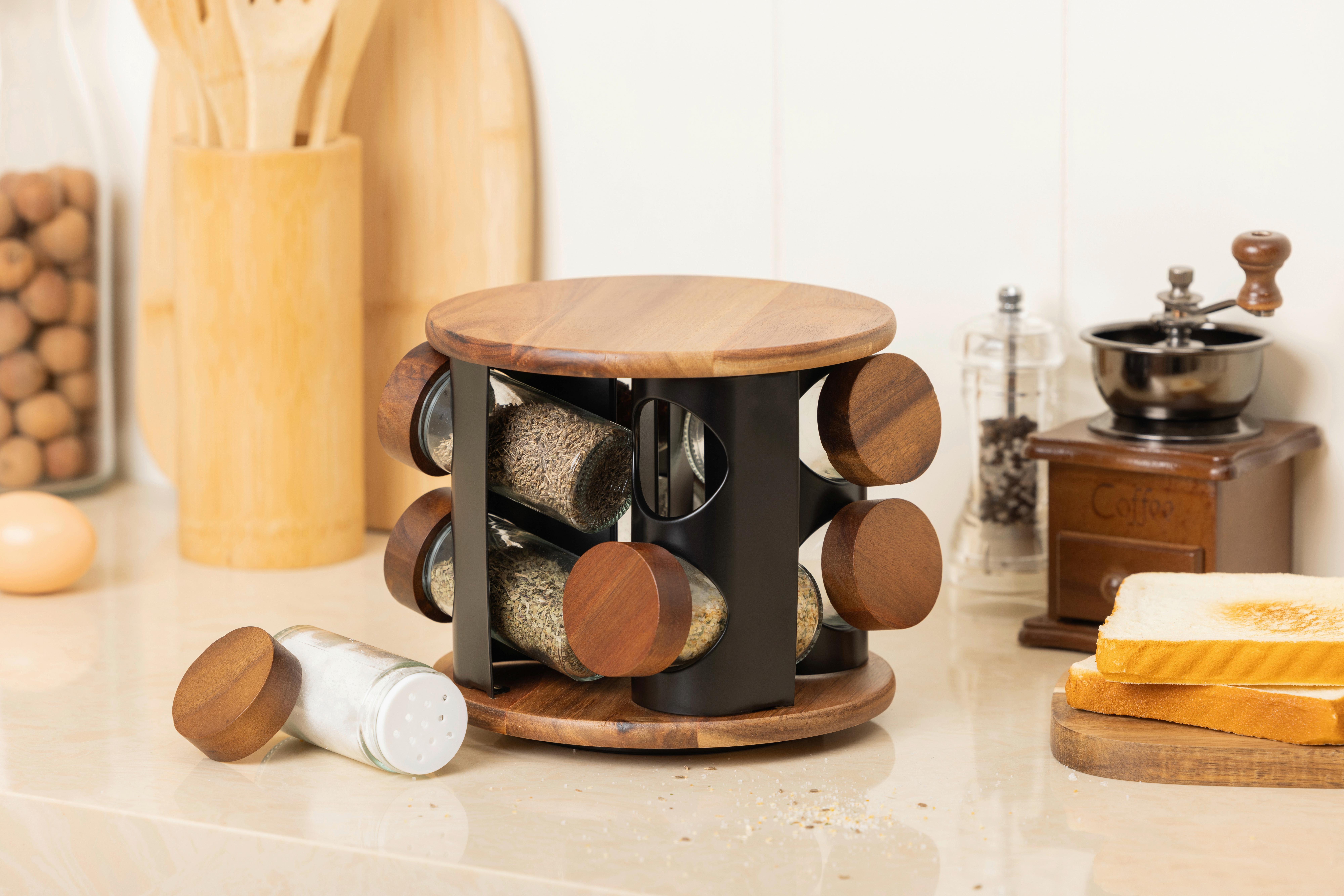 Gewürzregal Ralf - Klar/Schwarz, KONVENTIONELL, Glas/Holz (18/16cm) - James Wood