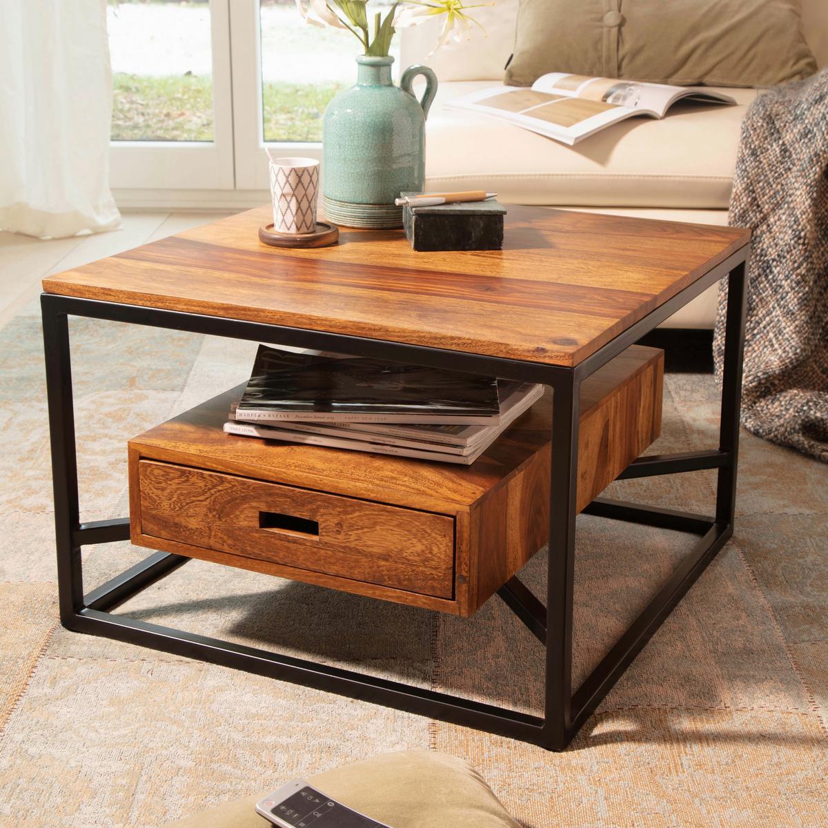 Couchtisch Sheesham B: 60 cm inkl. Lade - Sheeshamfarben/Schwarz, Design, Holz/Metall (60/60/40cm) - MID.YOU