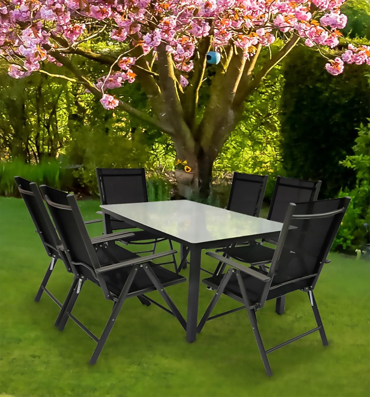 Záhradná zostava, 7- dielna, stôl 140x80 - antracitová, Basics, kov/textil - Gardenson