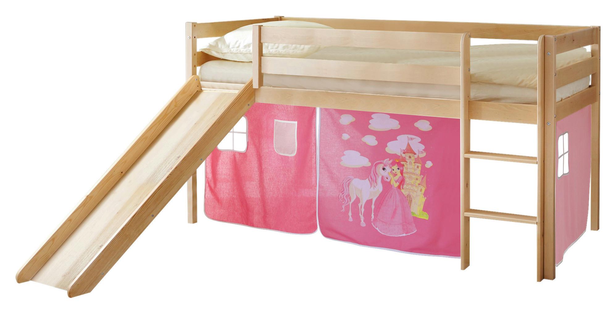 Spielbett Manuel Pink Kiefe Massiv 90 Cm Leiter Rutsche - Pink/Kieferfarben, Natur, Holz (90/200cm) - MID.YOU