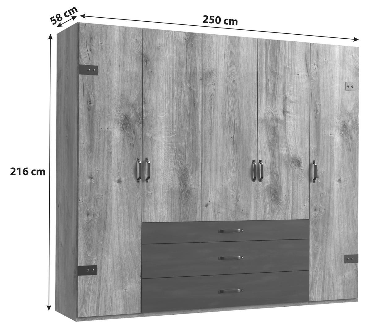 Šatní skříň DETROIT šířka 250cm - barvy dubu/barvy grafitu, Basics, kov/kompozitní dřevo (250/216/58cm) - MID.YOU