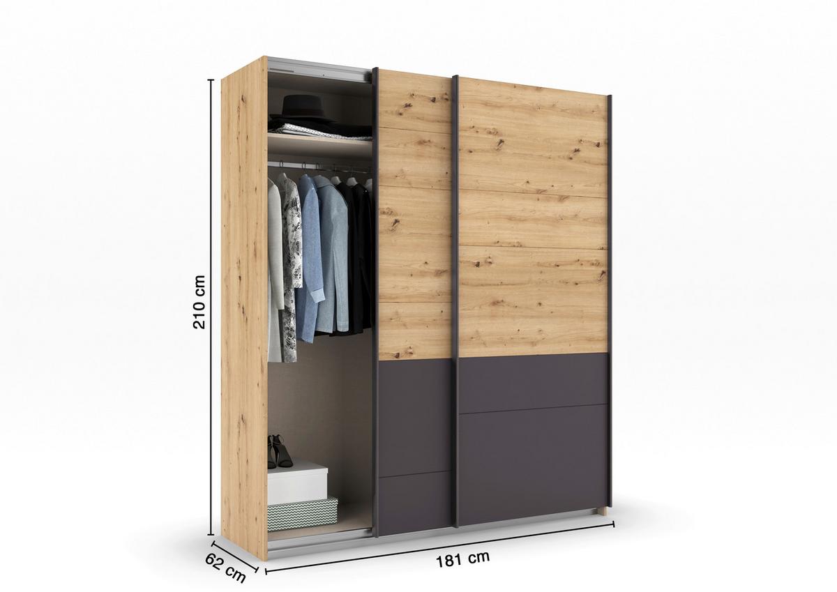 Schwebetürenschrank Bilbao Eiche Artisan/Grau B: 181 cm - Eiche Artisan/Grau, MODERN, Holzwerkstoff (181/210/62cm) - Rauch Möbel