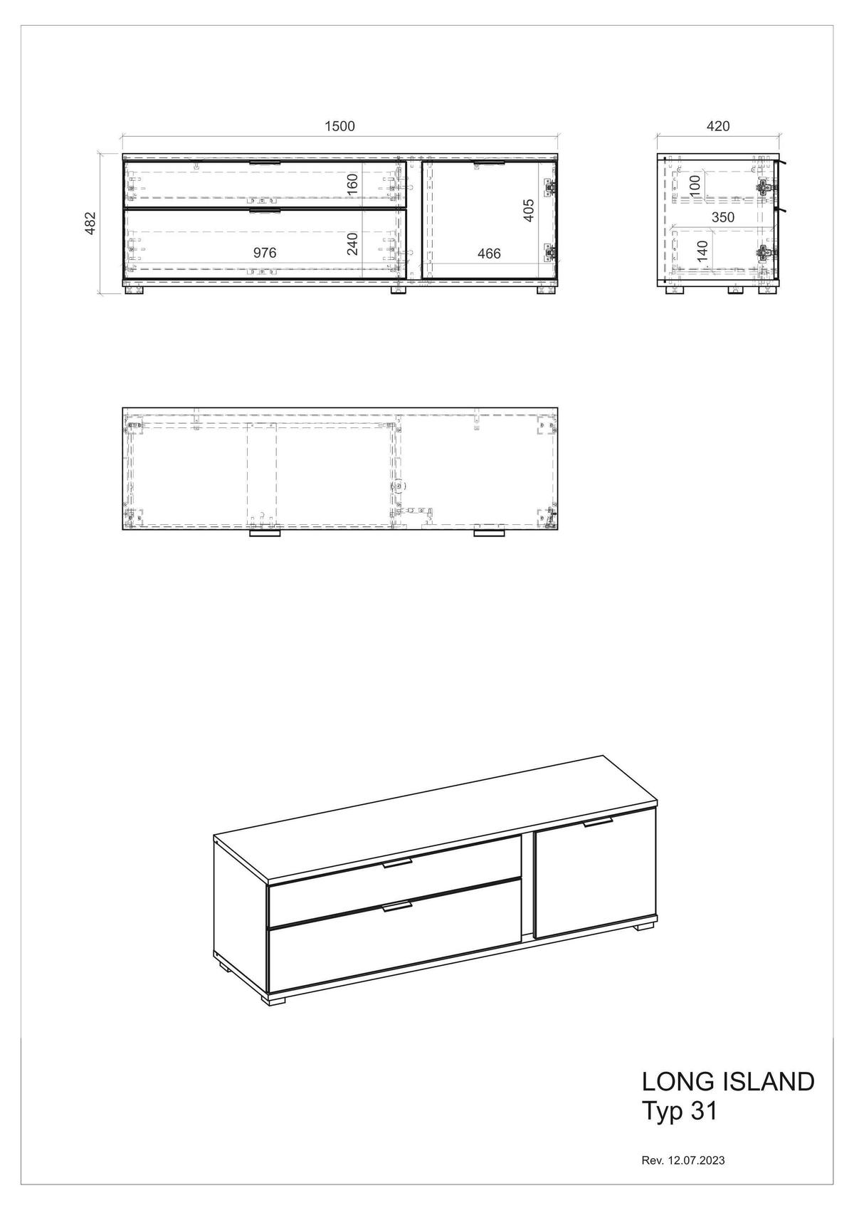 Lowboard Long Island Weiß/Eiche Wotan B: 150 cm - Silberfarben/Eiche Wotan, Design, Holzwerkstoff (150/45/42cm) - MID.YOU