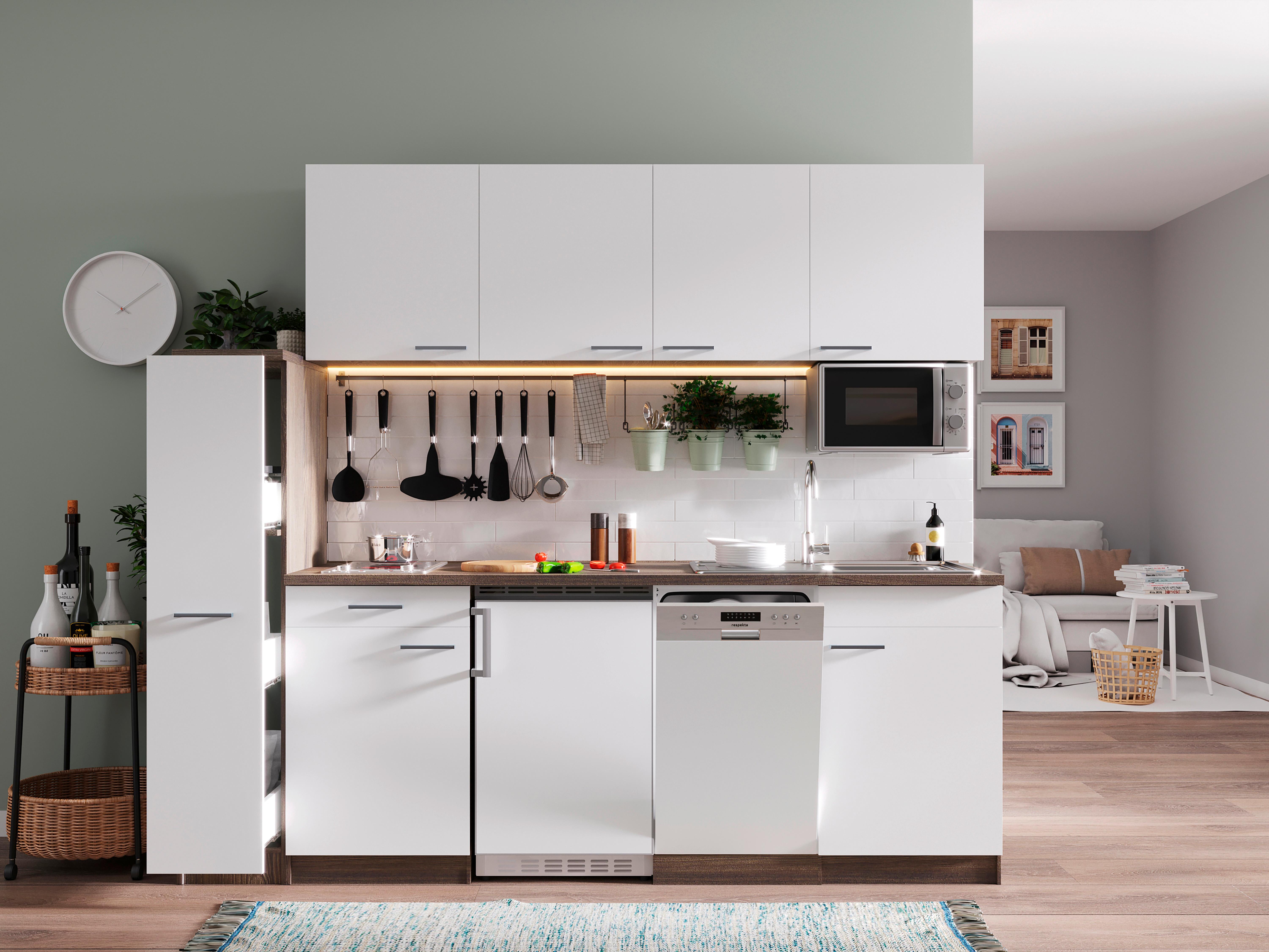KÜCHENBLOCK OLIVER SINGLEKÜCHE 225 CM - Eichefarben/Weiß, Basics, Holzwerkstoff (225cm) - Respekta