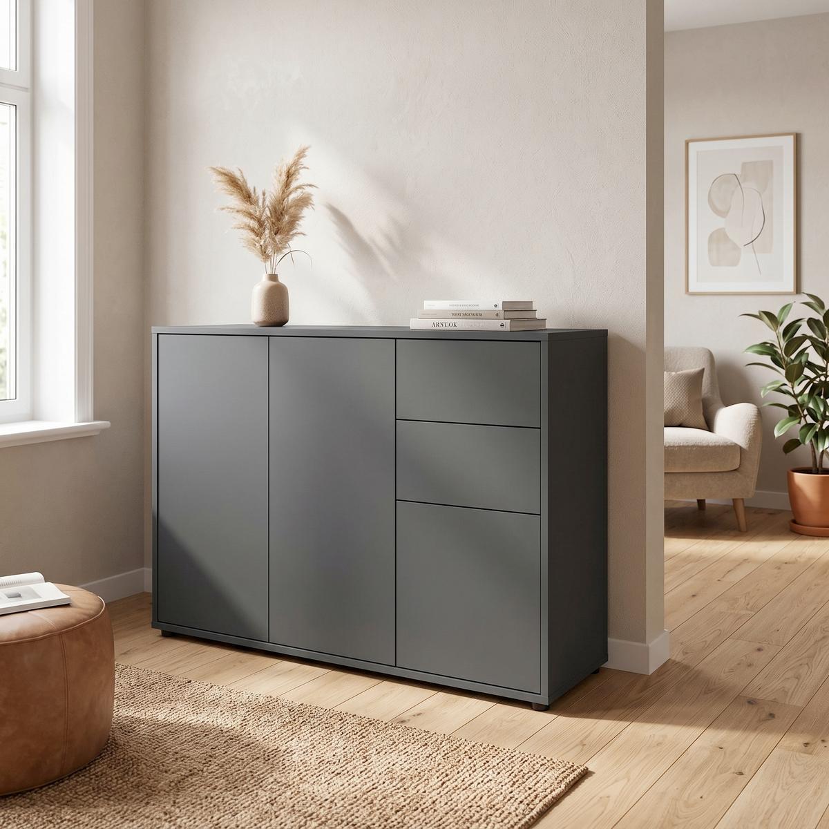 Kommode Mailand Anthrazit B: 105,5cm - Anthrazit/Schwarz, MODERN, Holzwerkstoff (105,5/73/33cm) - MID.YOU