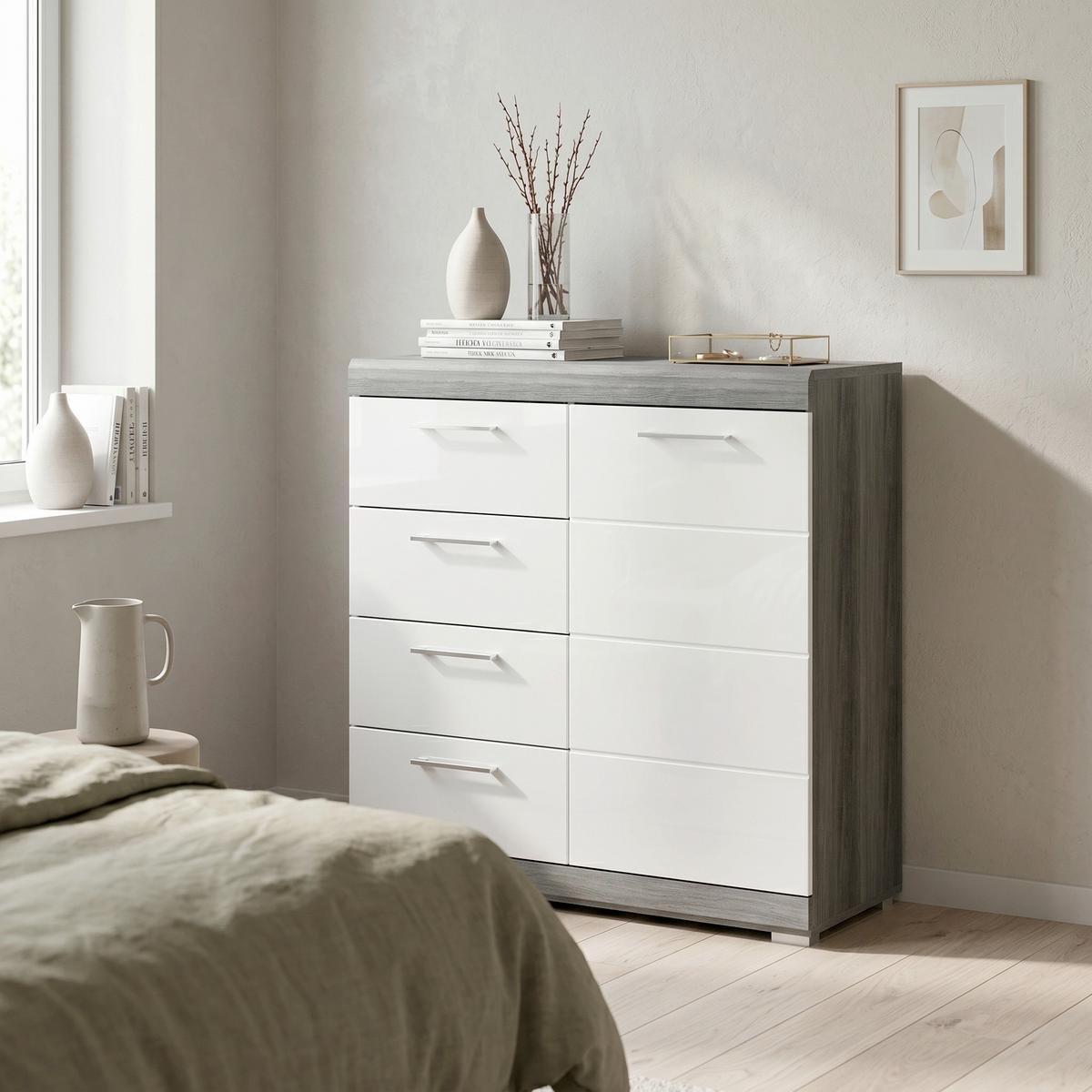 Komoda, š: 80 cm - biela s vysokým leskom/chrómová, Design, kompozitné drevo/plast (80/85/37cm) - MID.YOU
