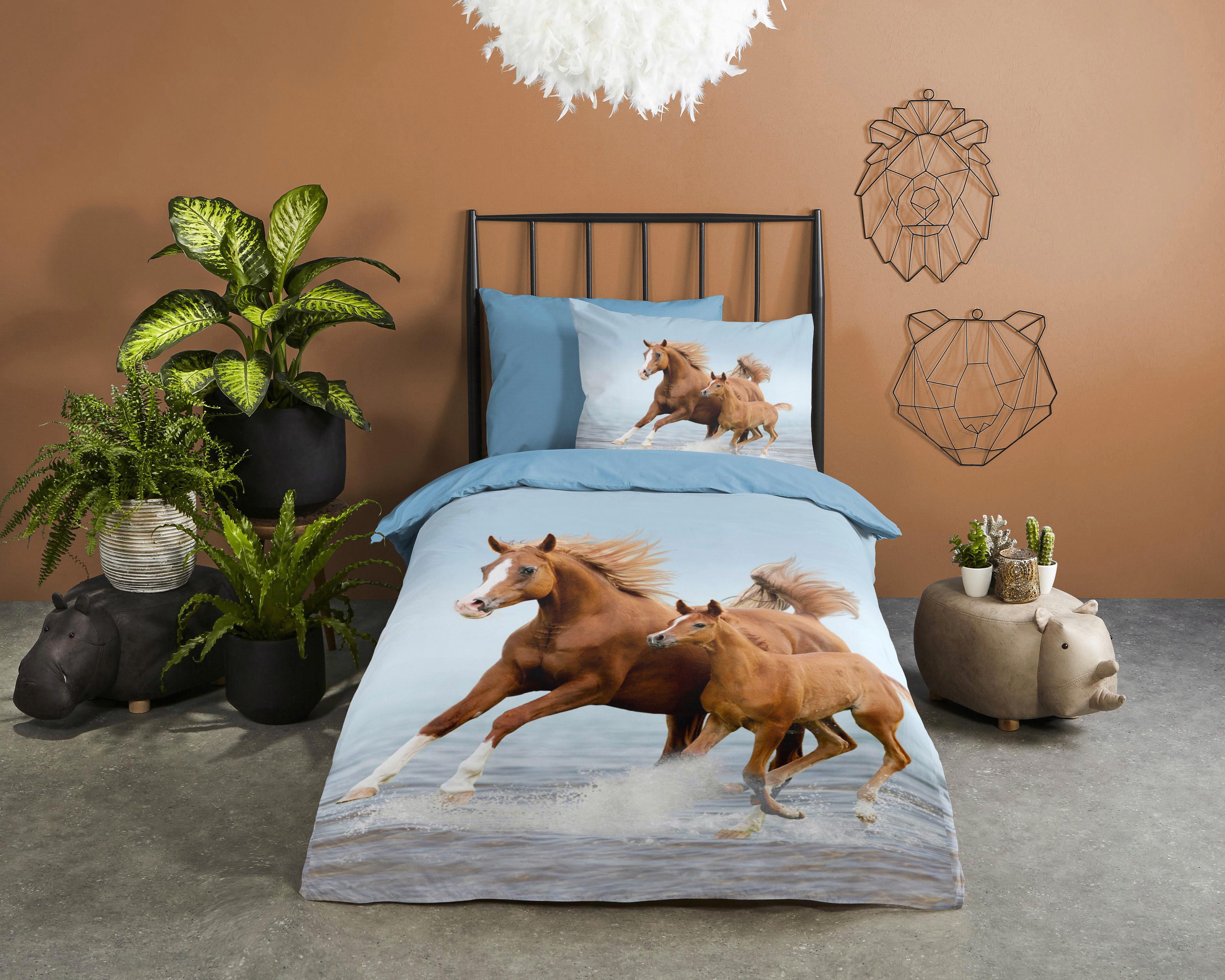 Kinderbettwäsche 140x200 Cm Free Pferde Renforcé - Blau/Multicolor, Basics, Textil (140/200cm)