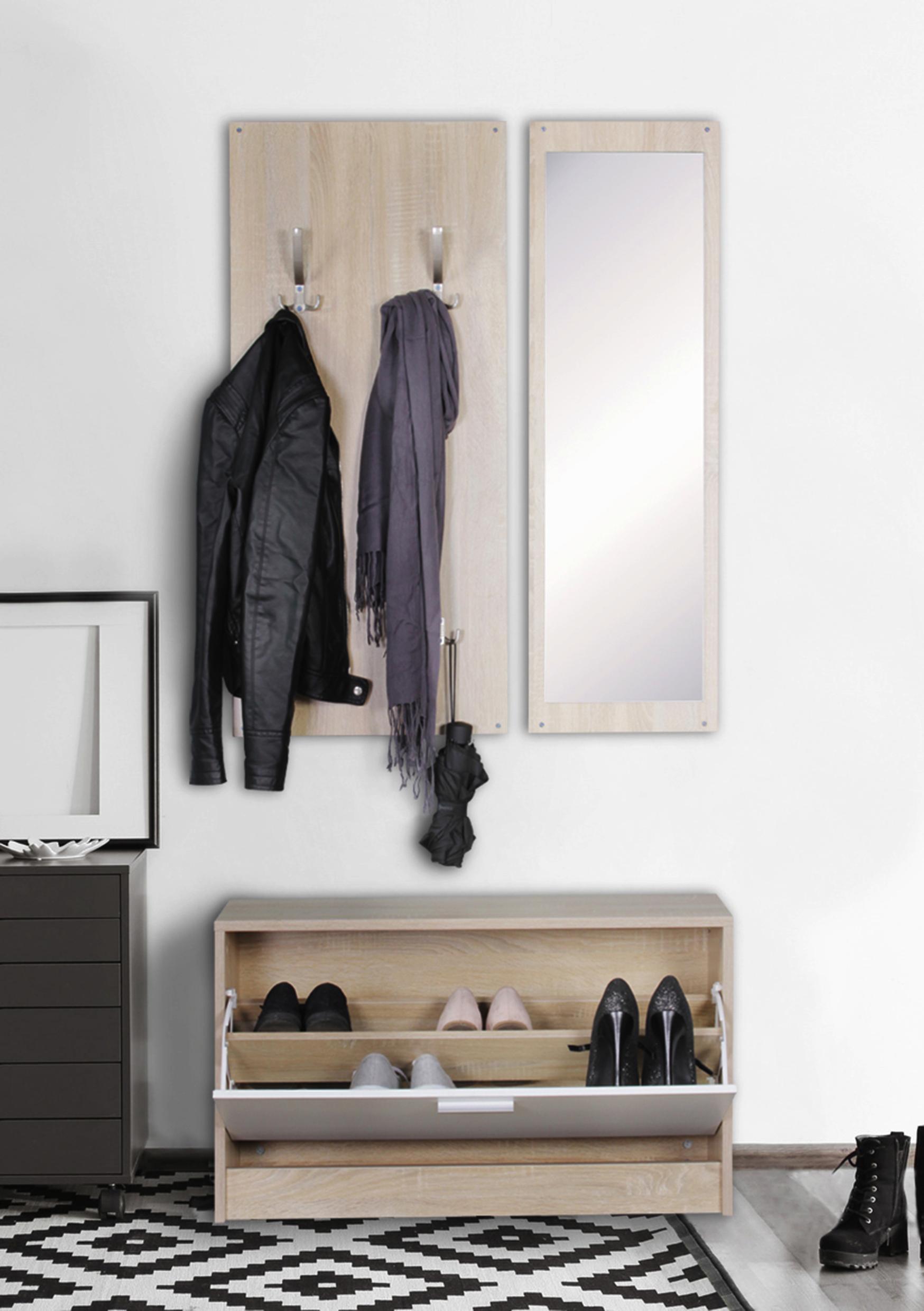 Wandgarderobe in Eiche Dekor mit Spiegel und Schuhkipper