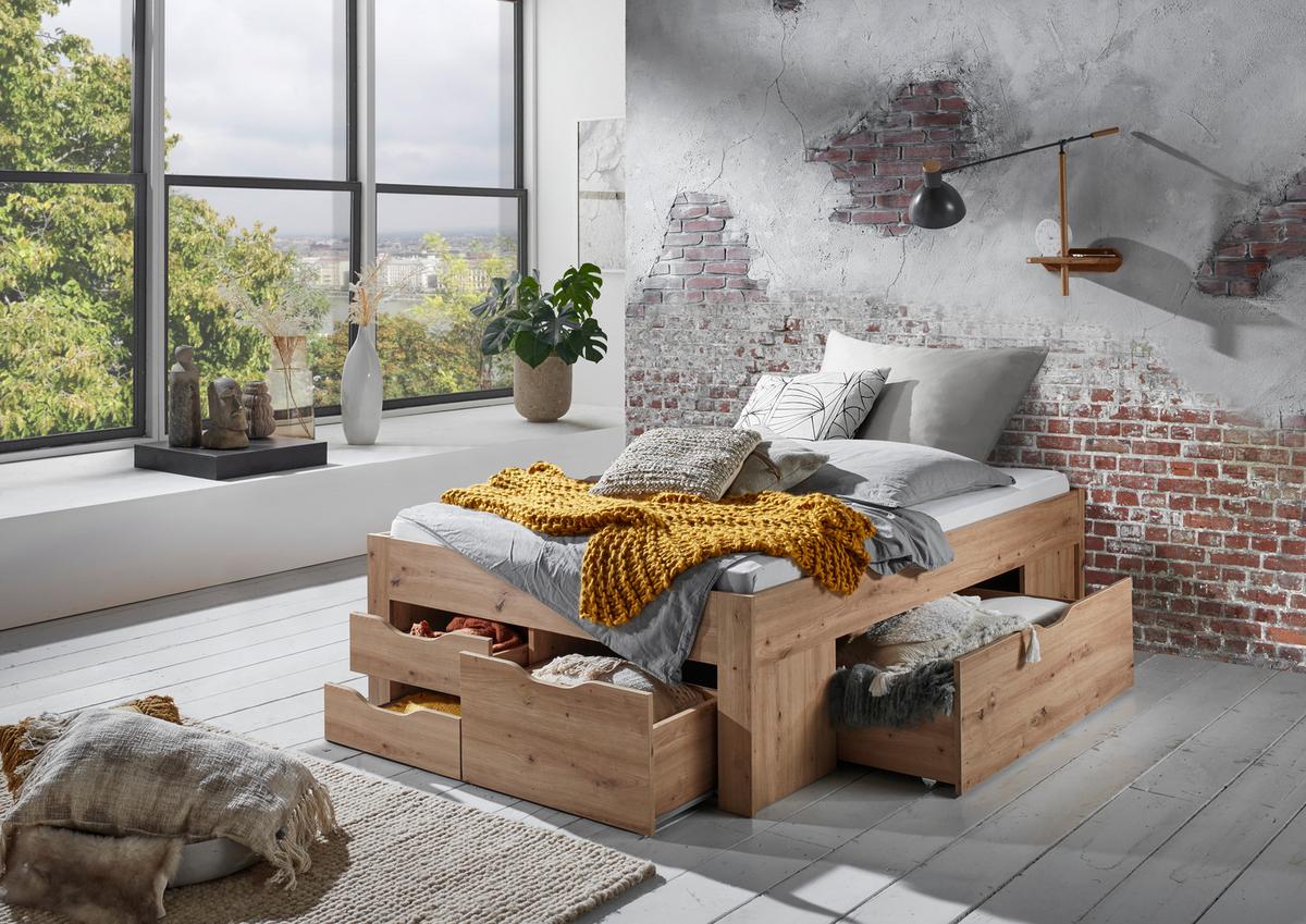 Stauraumbett Noah - Eiche Artisan, KONVENTIONELL, Holzwerkstoff (140/200cm)