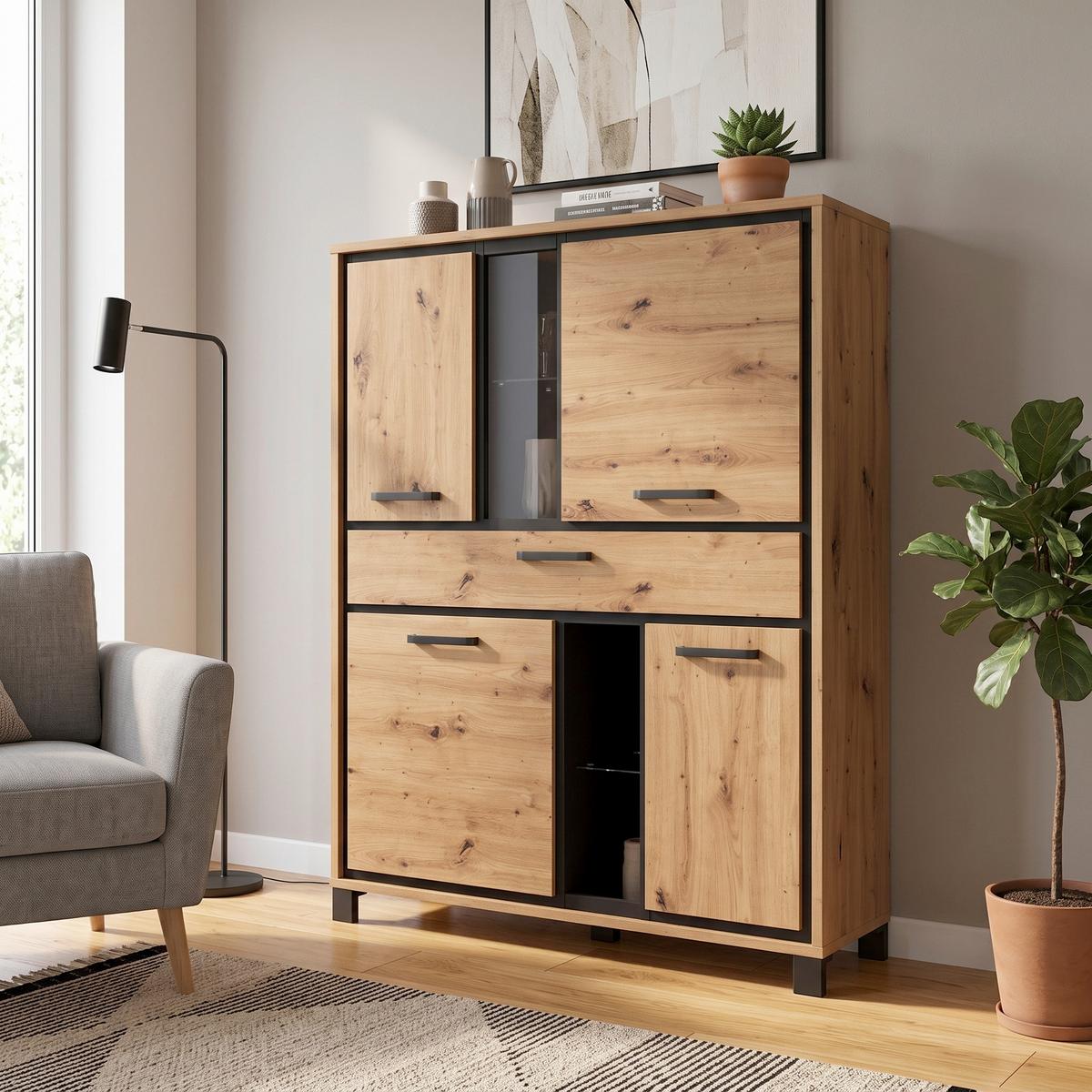 Highboard B: 120,4cm Trondheim Artisan Eiche Dekor/ Schwarz - Eichefarben/Schwarz, Basics, Glas/Holzwerkstoff (120,4/161/41,5cm) - Livetastic