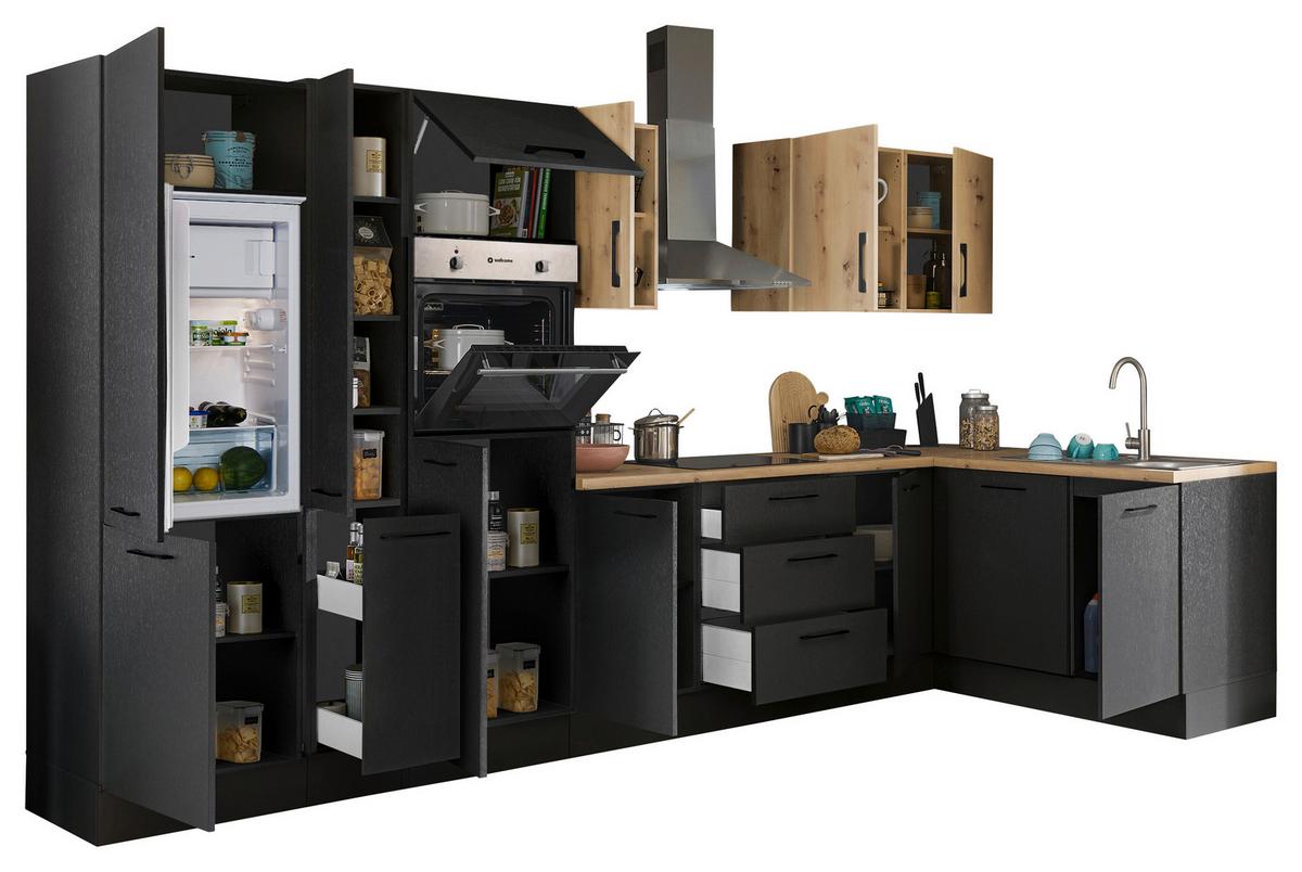 Eckküche Turin Schwarz/Eiche Dekor 370x175 cm - Schwarz/Eiche Artisan, Basics, Holzwerkstoff (370/175cm) - MID.YOU