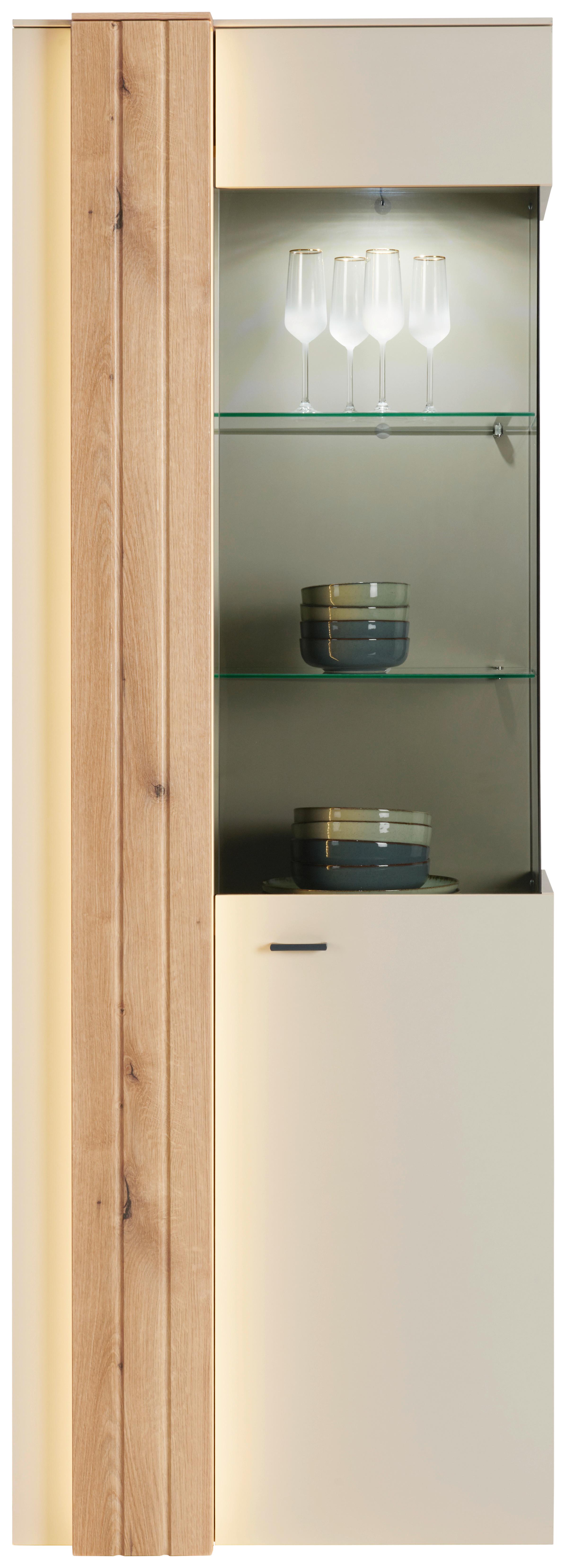 Vitrine Santana inkl. LED Kieselgrau/Eiche Dekor - MODERN, Glas/Holzwerkstoff (71,8/203/44,8cm)