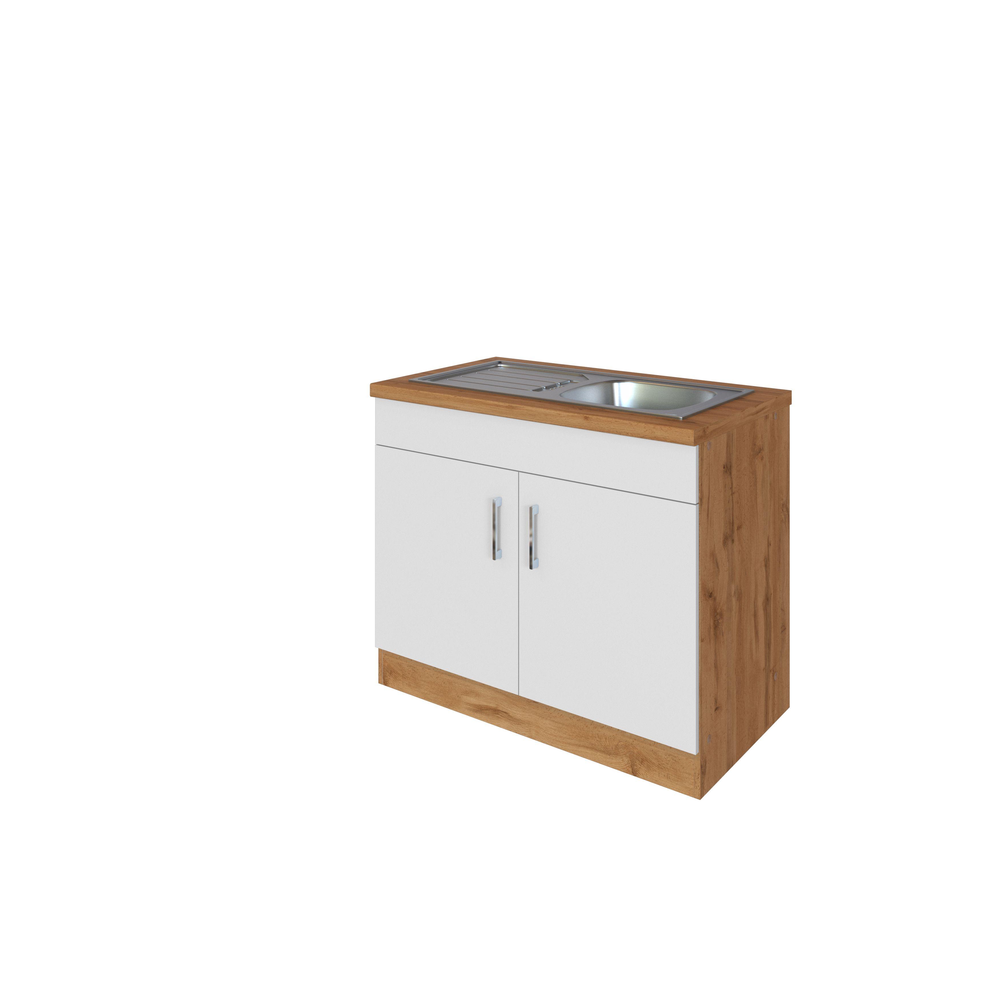 Spülenschrank Mit Spüle B: 100 cm Weiß/Eiche Dekor - Weiß, MODERN, Holzwerkstoff (100/86/60cm) - Held