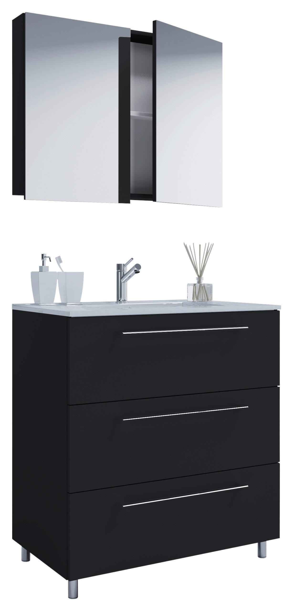 Badezimmer Schubo 3-teilig Schwarz B: 60 cm - Schwarz/Alufarben, MODERN, Keramik/Holzwerkstoff (60cm) - MID.YOU