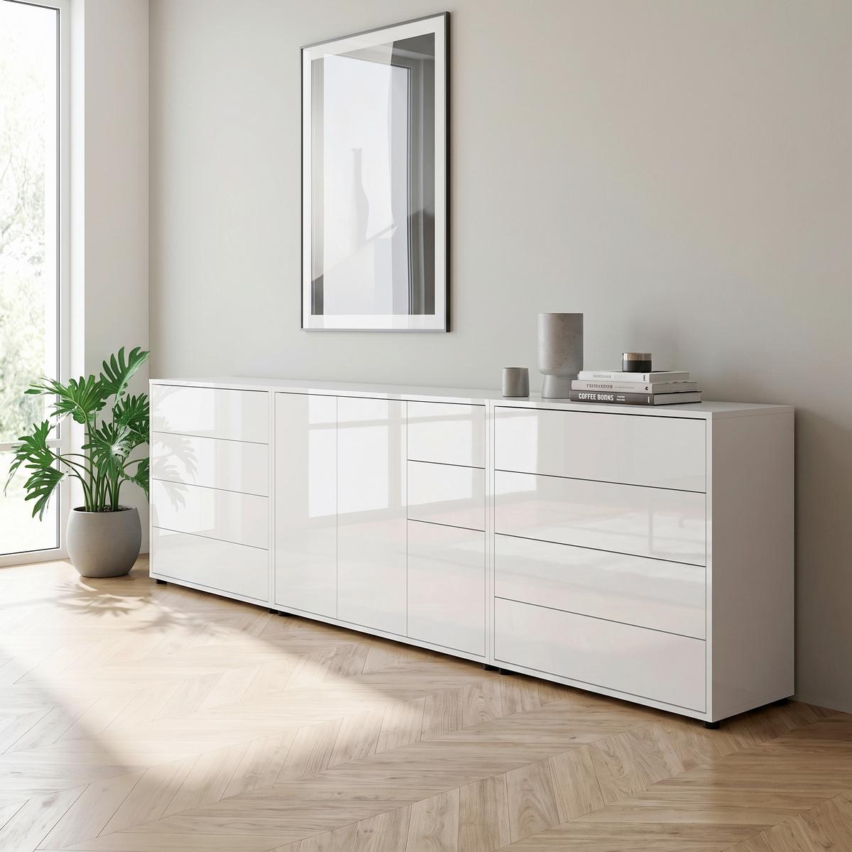 SIDEBOARD Mailand 8 B: 263,5 cm Weiß - Weiß Hochglanz/Schwarz, MODERN, Holzwerkstoff (263,5/73/33cm) - MID.YOU