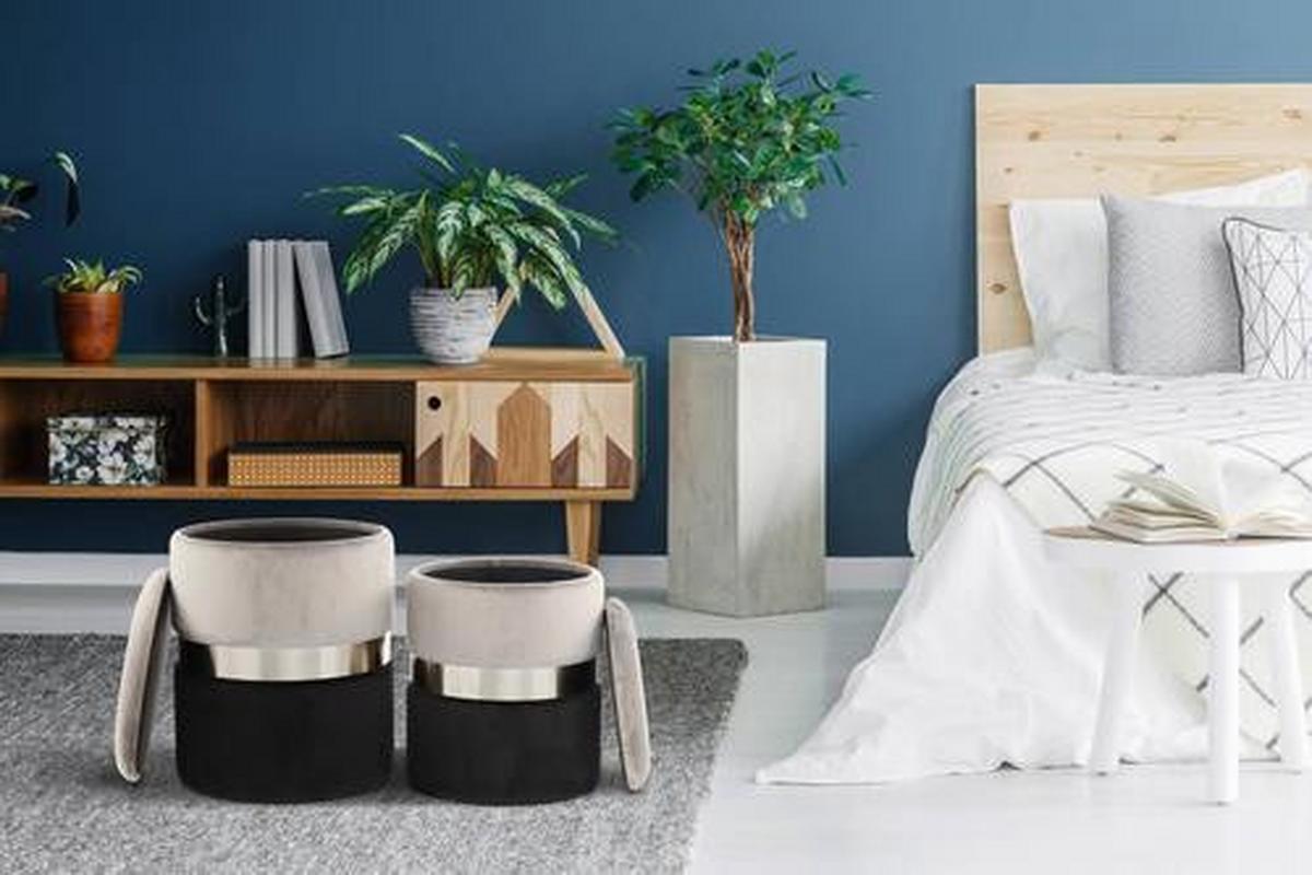 Hocker Pouf-Set Samt Grau/Schwarz 2-teilig - Schwarz/Grau, Basics, Kunststoff/Textil - Kayoom