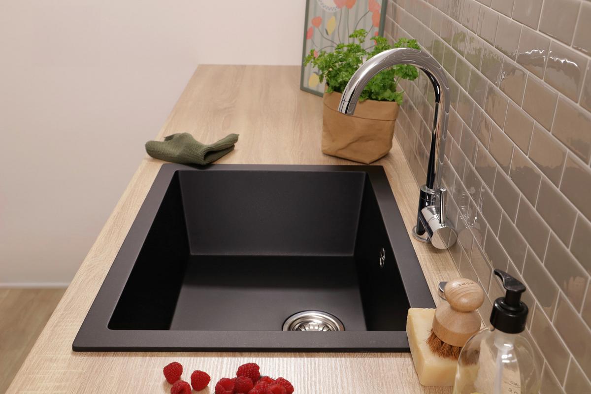 SPÜLE Nelson, Schwarz B: 60 cm - Schwarz, Trend, Stein (60/22/47,5cm) - Respekta