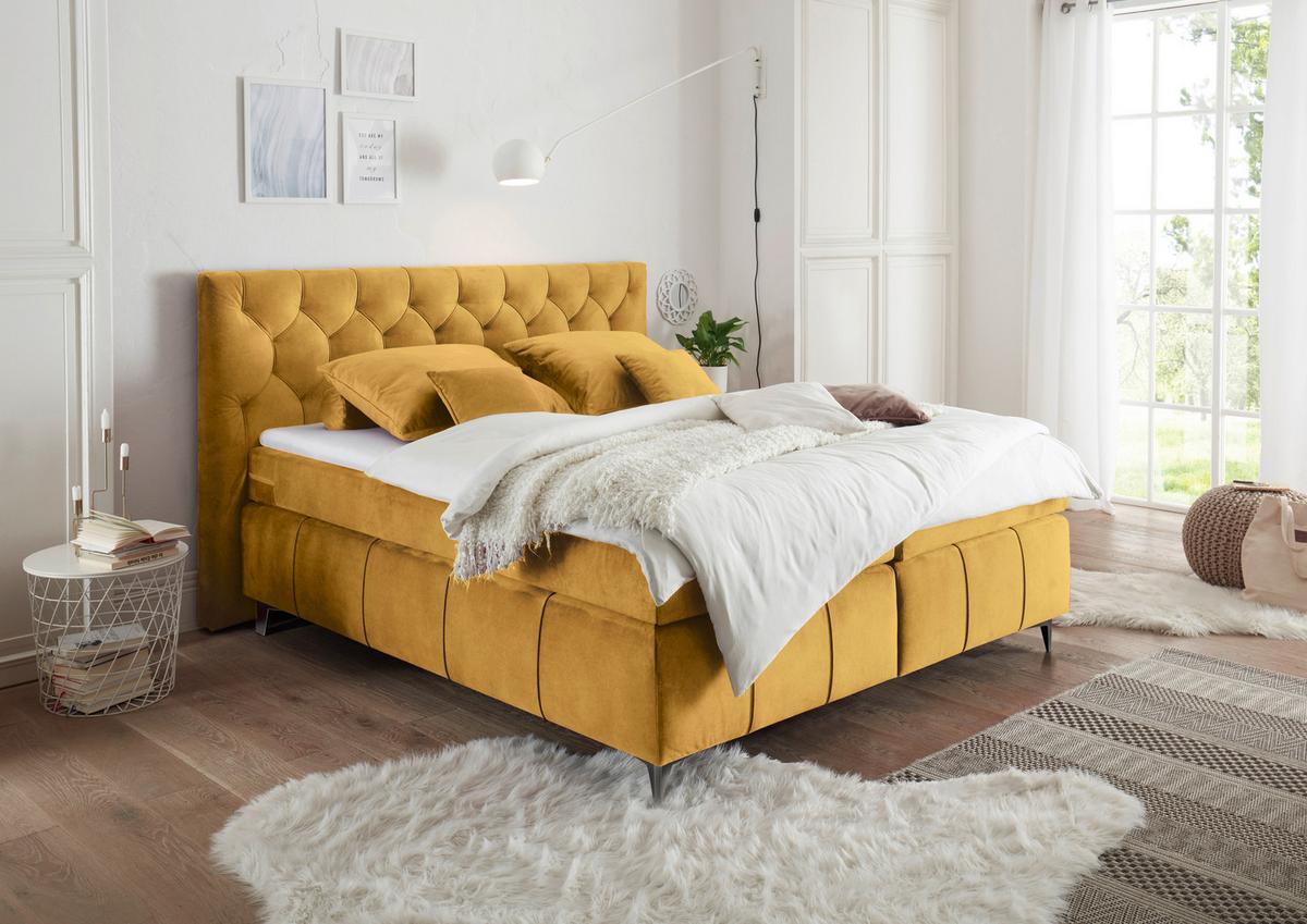Boxspring posteľ Pembroke, 180x200, okrová - kari žltá, Design, kompozitné drevo/textil (180/200cm)