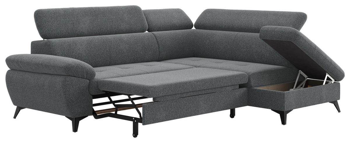 Ecksofa mit Bettfunktion Hudson, Chenille Dunkelgrau - Dunkelgrau/Schwarz, KONVENTIONELL, Textil (256/207cm) - Sembella