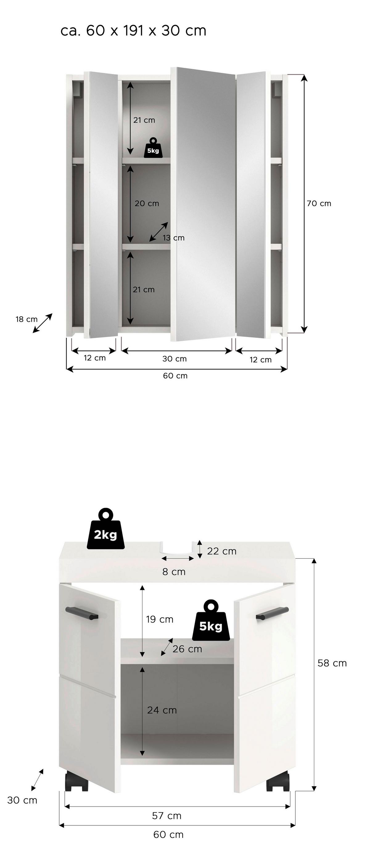 Badezimmer Nova Weiß B: 60cm - Weiß Hochglanz/Schwarz, Trend, Glas/Holzwerkstoff (60cm) - MID.YOU