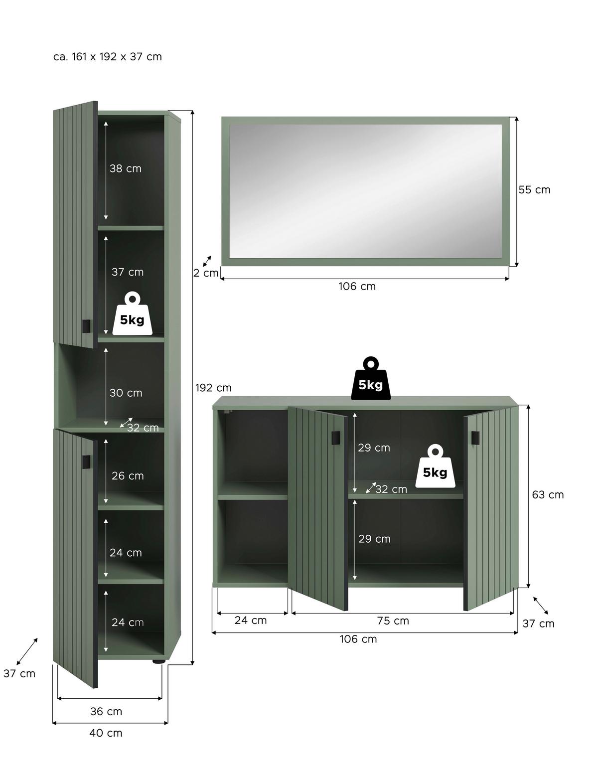 Garderobe Station Graugrün B: 161cm - Graugrün, Design, Holzwerkstoff (161/192/37cm) - MID.YOU