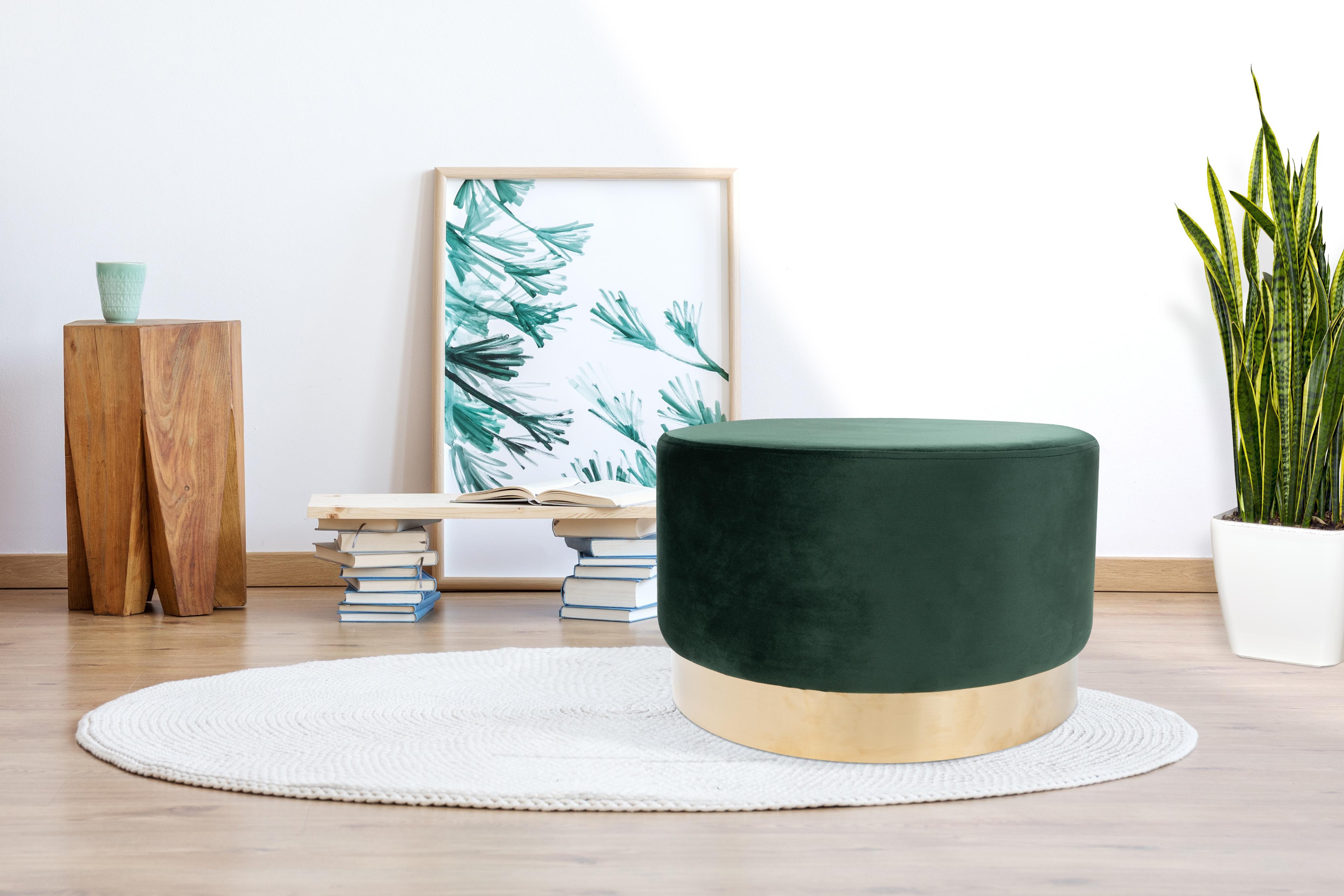 Pouf Samt Dunkelgrün/Golden DxH: ca. 55x43 cm - Dunkelgrün/Goldfarben, Basics, Holz/Holzwerkstoff (55/43cm) - Kayoom