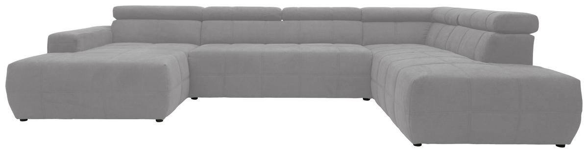 Silbergraue Wohnlandschaft in U-Form mit gestepptem Bezug