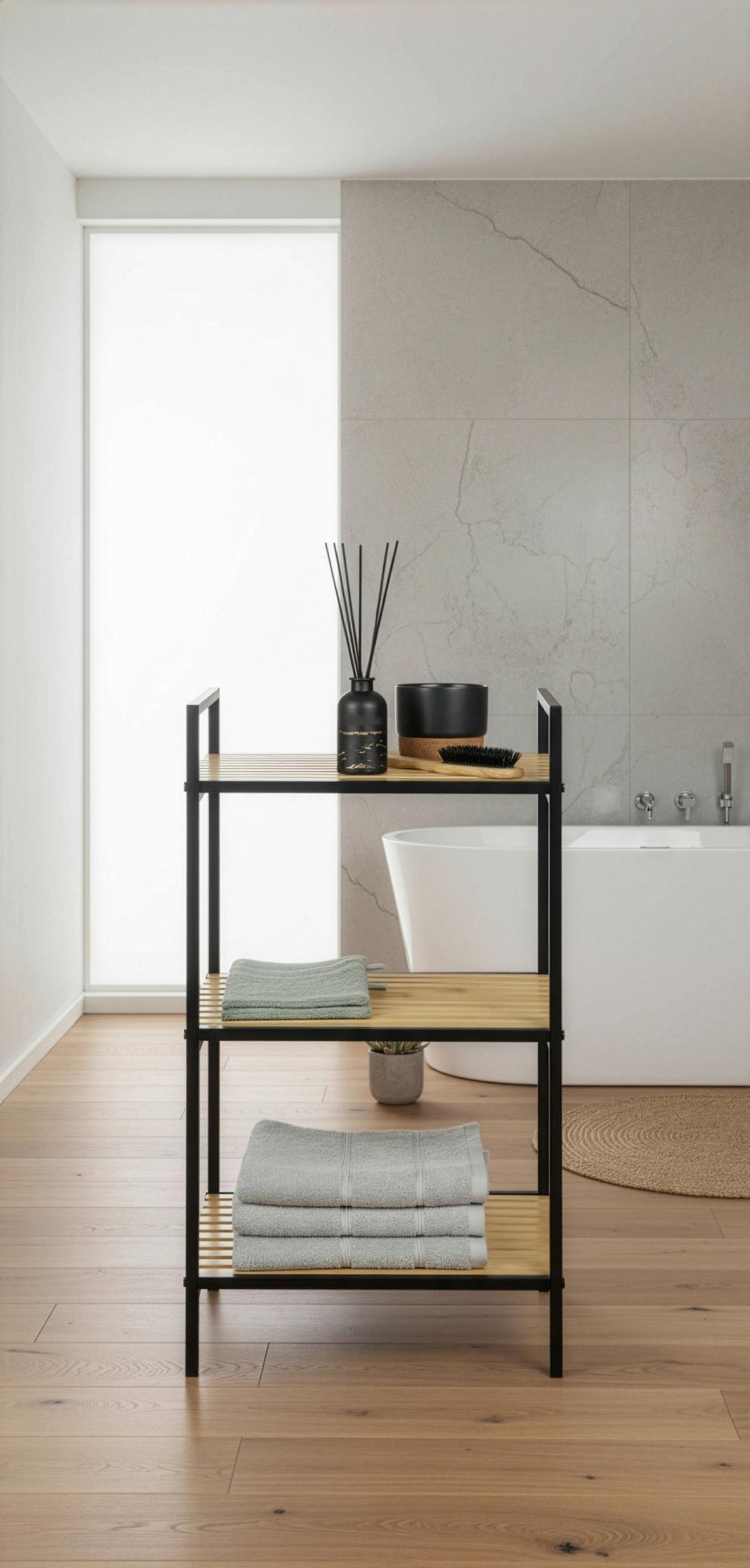 Regal Azra II bambus/černa - černá/přírodní barvy, Moderní, kov/přírodní materiály (39/70/32,5cm) - Mömax