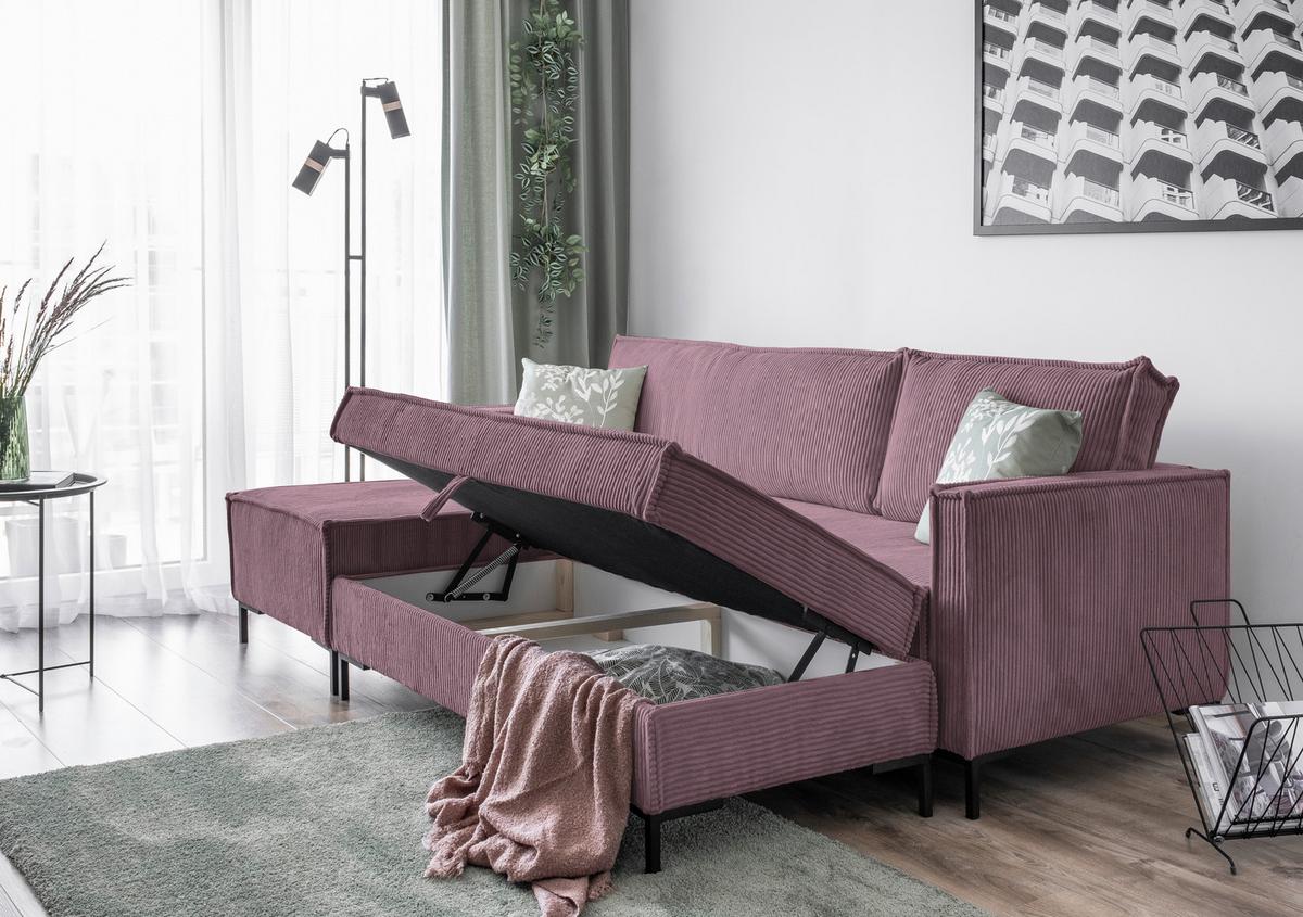 Rohová sedací souprava, starorůžová - starorůžová/černá, Design, kov/textil (232/90/154cm) - MID.YOU