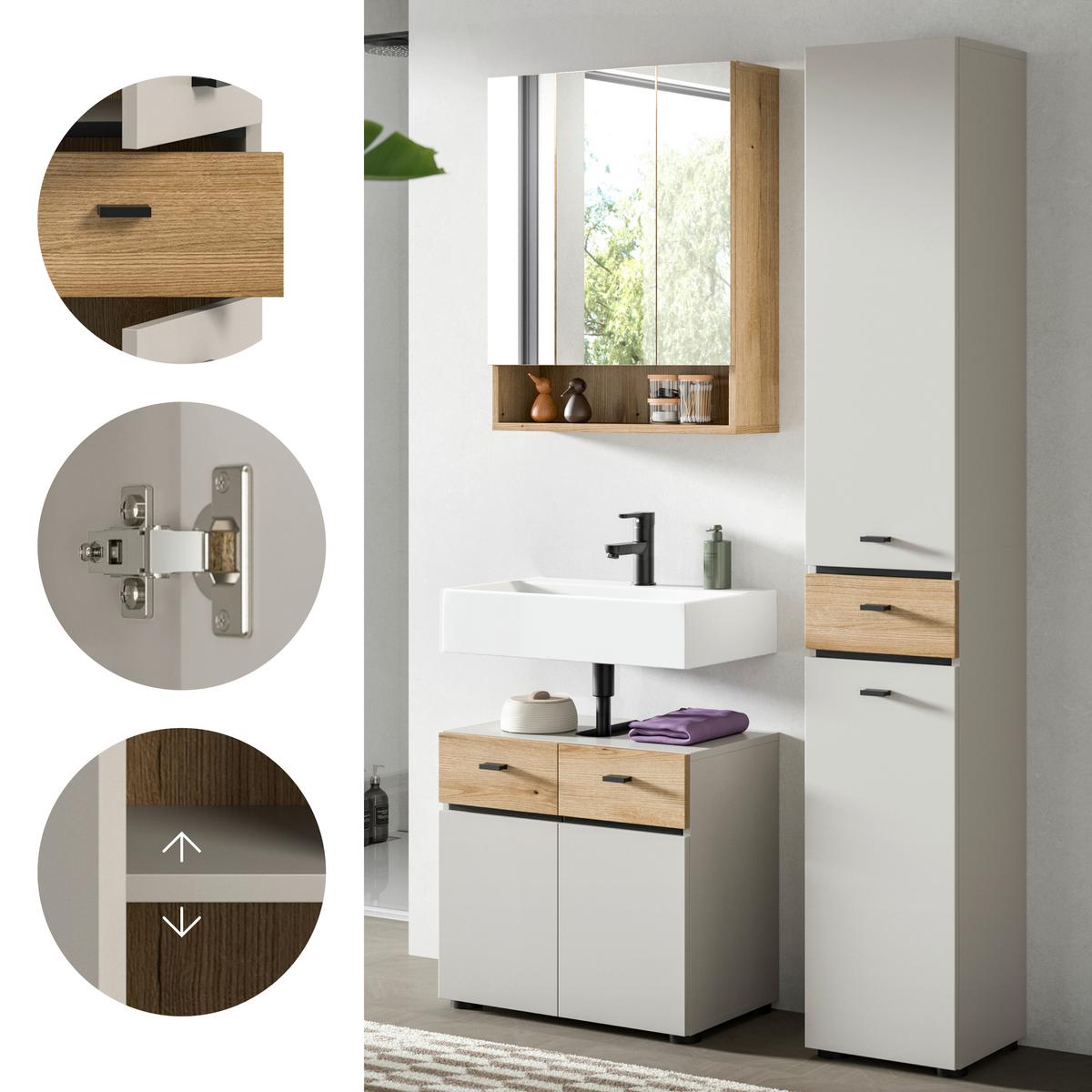 Badezimmer Aqua Kaschmir/Eichefarben B: 92cm - Kaschmir/Eichefarben, Trend, Glas/Holzwerkstoff (92cm) - MID.YOU