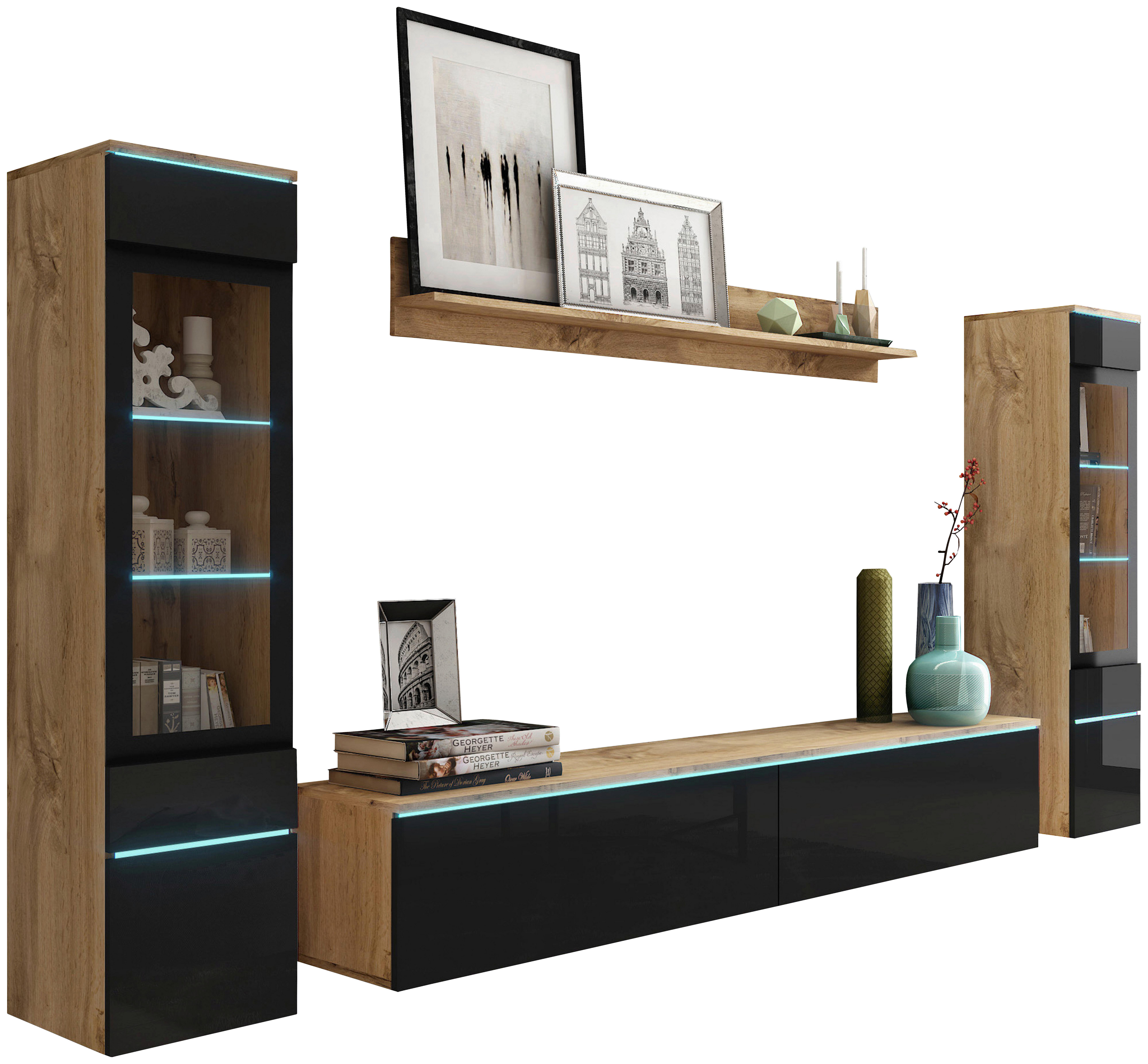 Wohnkombination 4--Teilig. mit LED Vera II Schwarz/Eiche Dekor